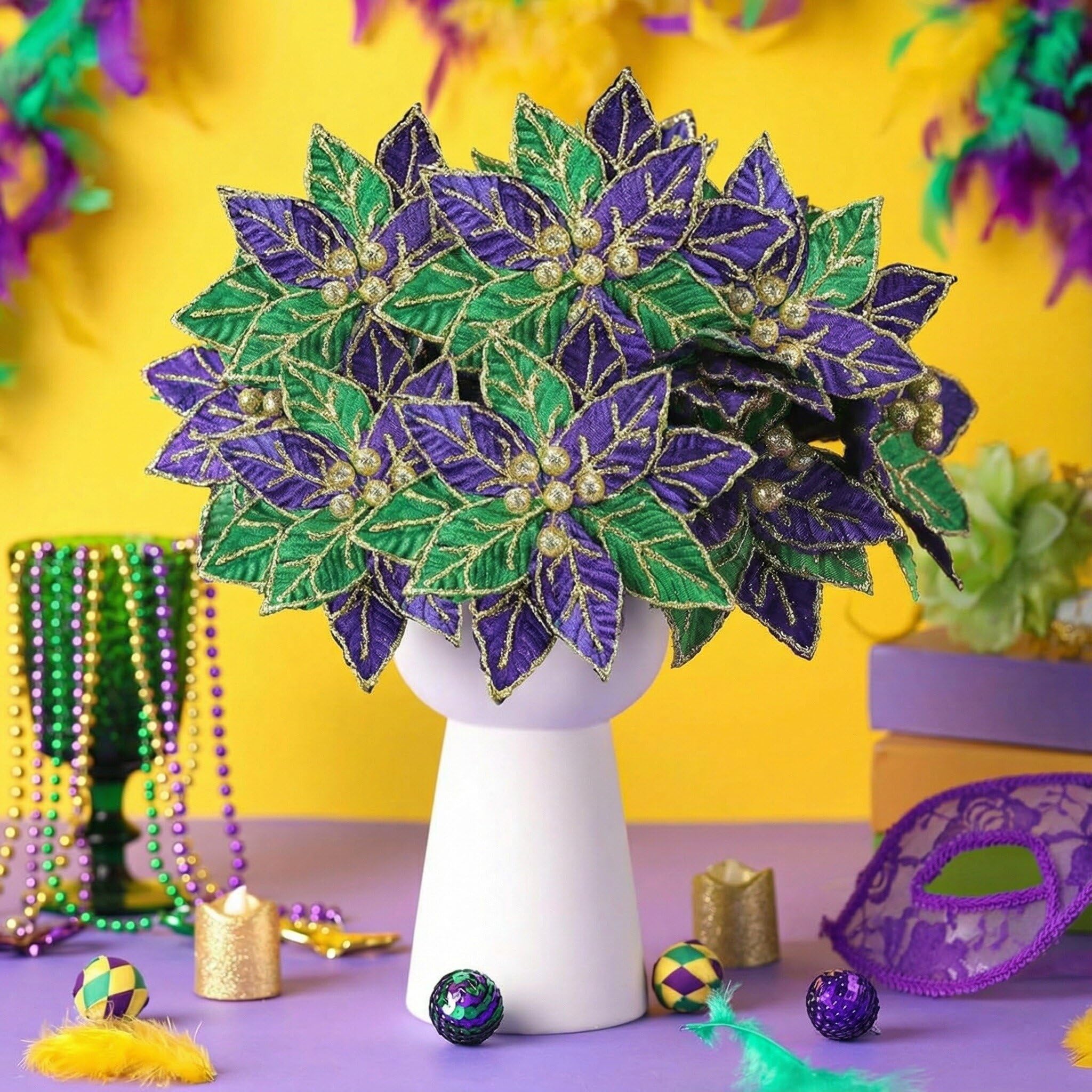 Poinsettia artificiel Mardi Gras pour décorer facilement un arbre de carnaval coloré
