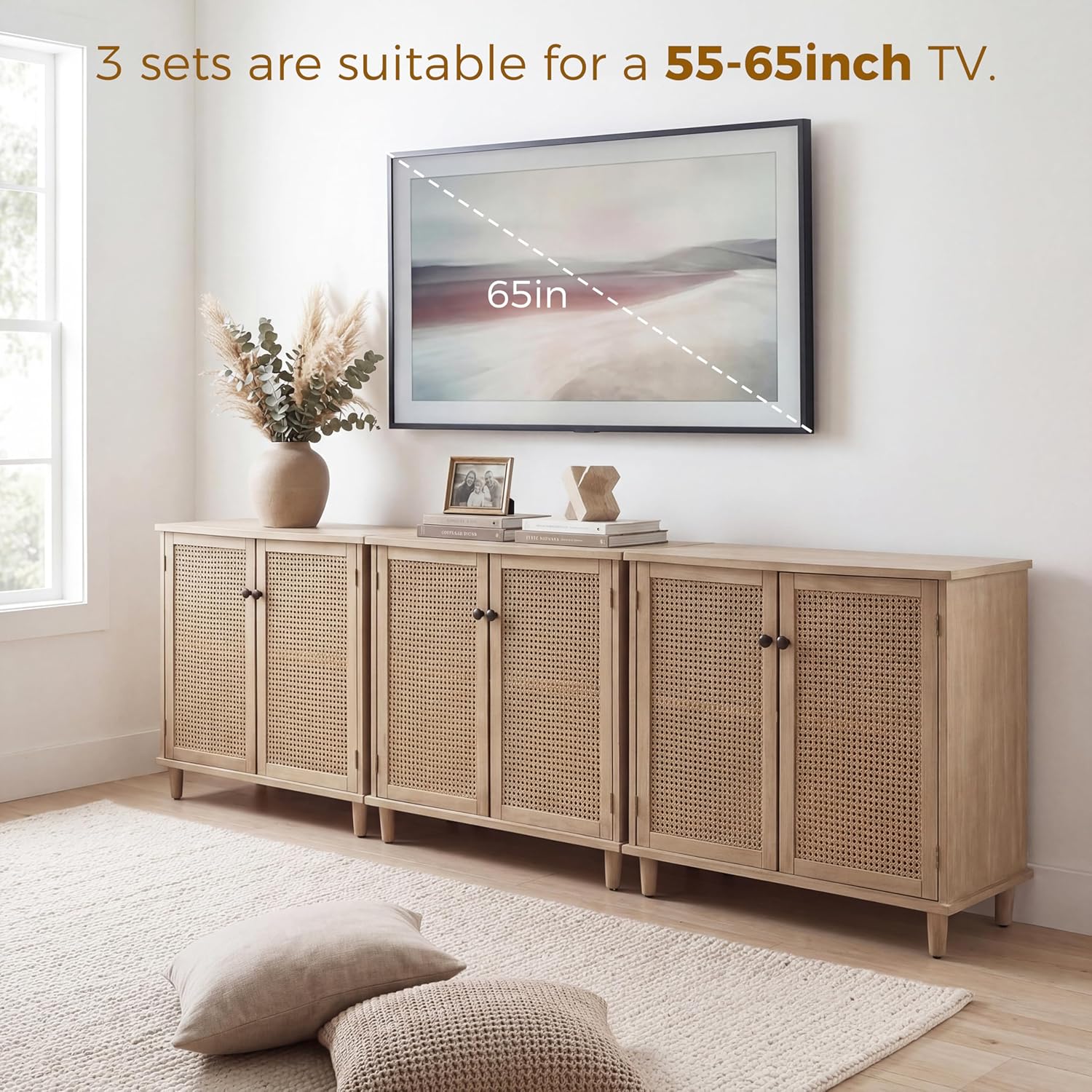 Fat Ant Rattan Sideboard Buffet with Storage, Natural Woven Design Accent Kitchen Cabinet with Solid Wood Feet for Hallway, Entryway, Living Room, 31.5 x 15.75 x 31.5 Inches，Natural