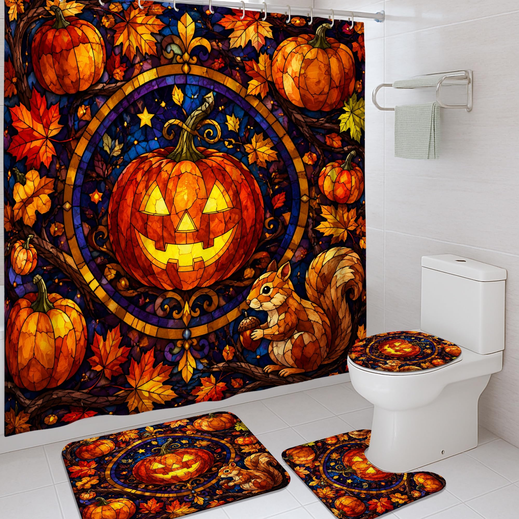 Rideau de douche 183x183 motif citrouilles Halloween en toile orange pour salle de bain
