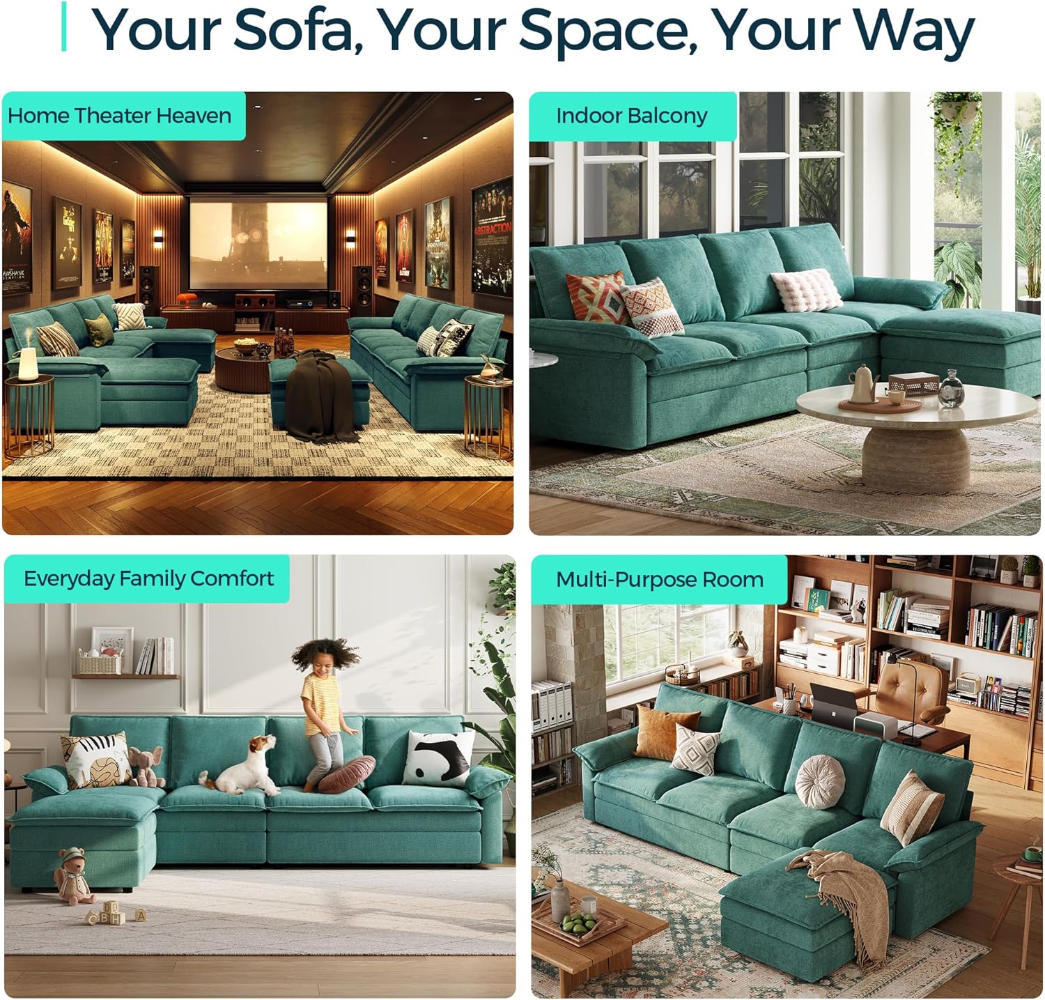 LINSY HOME Modular Sectional Couch, 113" L Shaped Cloud Sofa with Double Layer Cushions and Ottoman, Chenille 4 Seater Sofa Set for Living Room, Apartment, Green