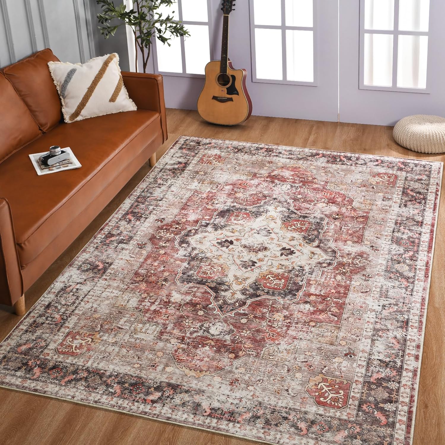 YOH Boho Washable Rug 5x7, Rust Red Vintage Non Slip Area Rug, Distressed Indoor Carpet for Living Room Bedroom Kitchen Office