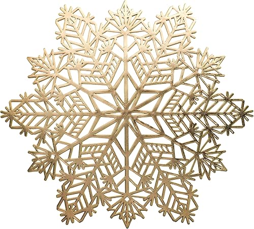 Miniatura 5 de Snowkingdom Juego de 12 manteles individuales de copo de nieve de vinilo metálico laminado dorado redondo de 15 pulgadas de diámetro, decoraciones