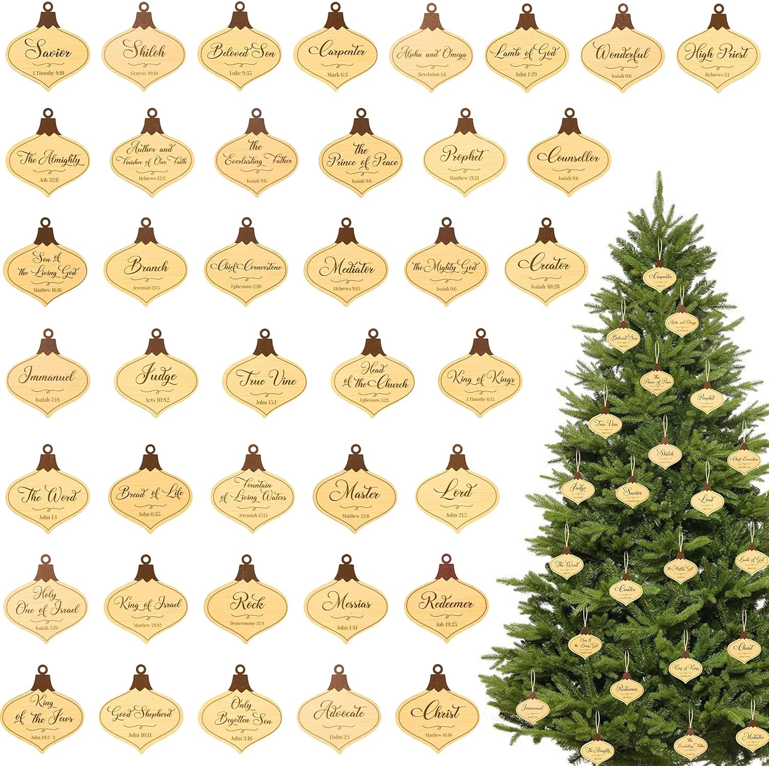 Haooryx Christmas Jesus Hanging Ornaments - 40Pcs Jesus Name Wooden Ornaments with Twines, Savior Name Wooden Decorations Set for Christmas Trees Religious Party Supplies Church Events Sunday School