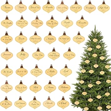 Haooryx Christmas Jesus Hanging Ornaments - 40 Pcs Jesus Name Wooden Ornaments with Twines, Savior Name Wooden Decorations Set for Christmas Trees Religious Party Supplies Church Events Sunday School