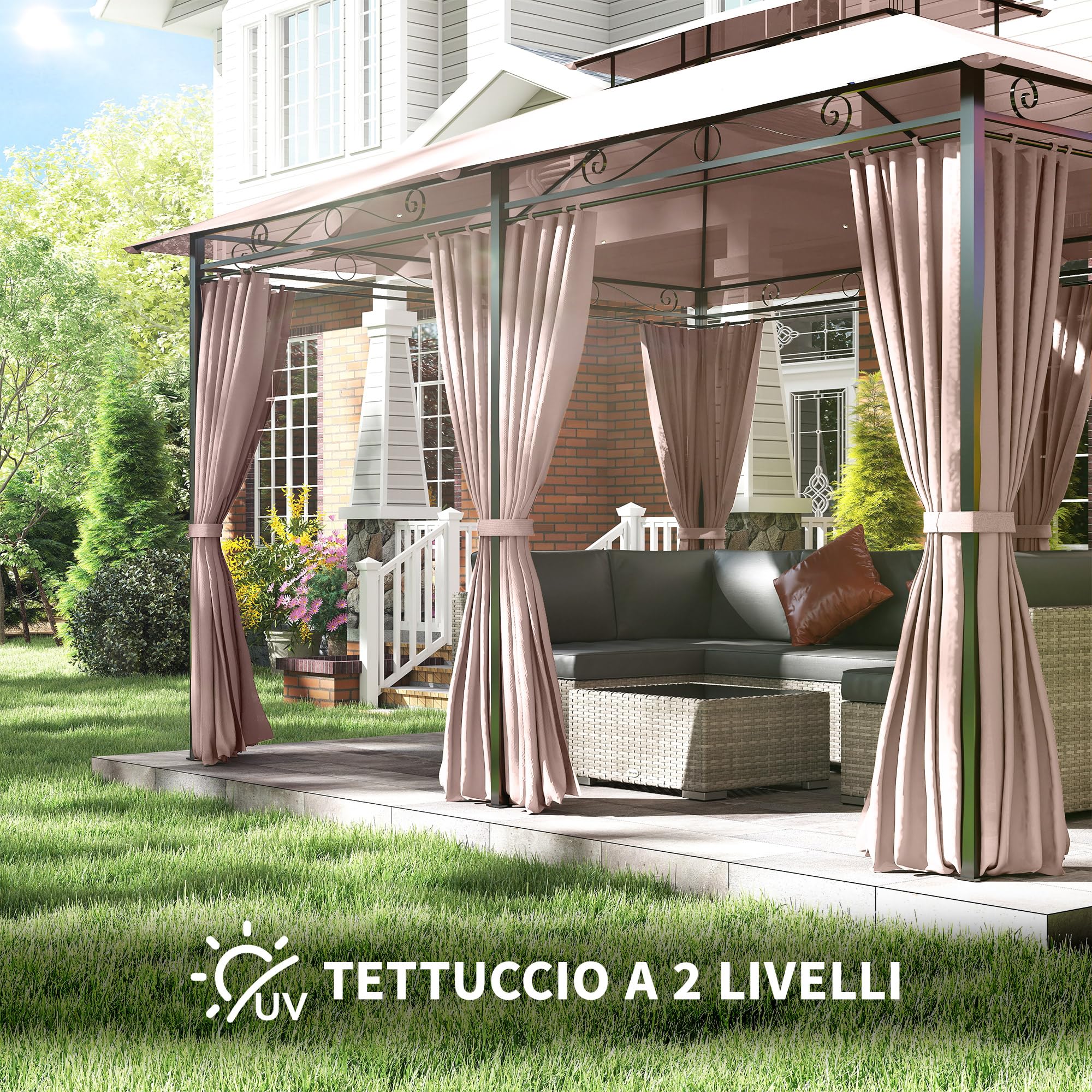 Outsunny Gazebo 4x3m Doppio Tetto Acciaio Tende Zip Impermeabili Anti UV Cachi