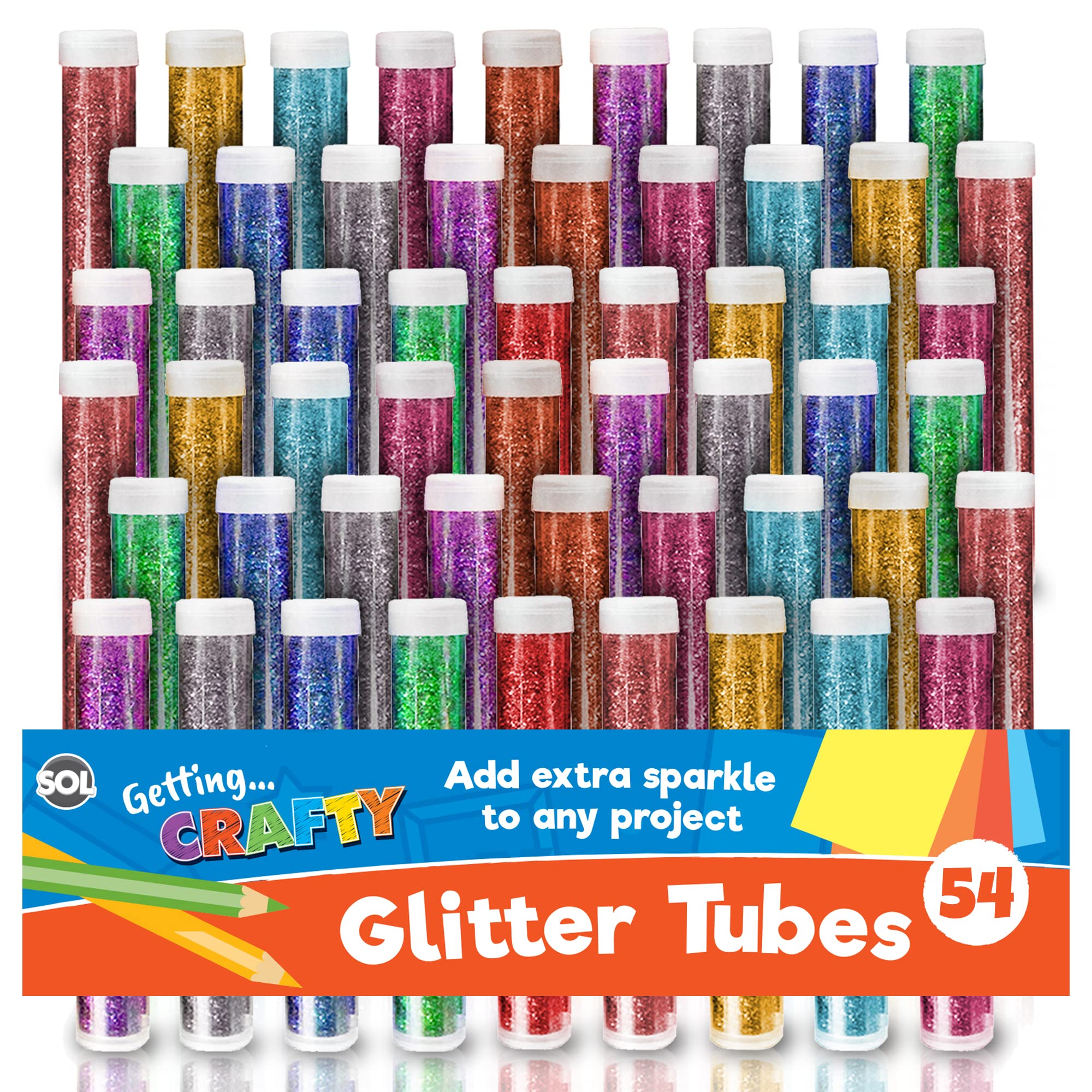 – SOL 54pk Kids Glitter Tubes in 10 Assorted Vibrant Colours | Craft Shaker Resin for Arts Fine Slime Wax Melts With Red, Pink, Blue, Green Glitters Nails