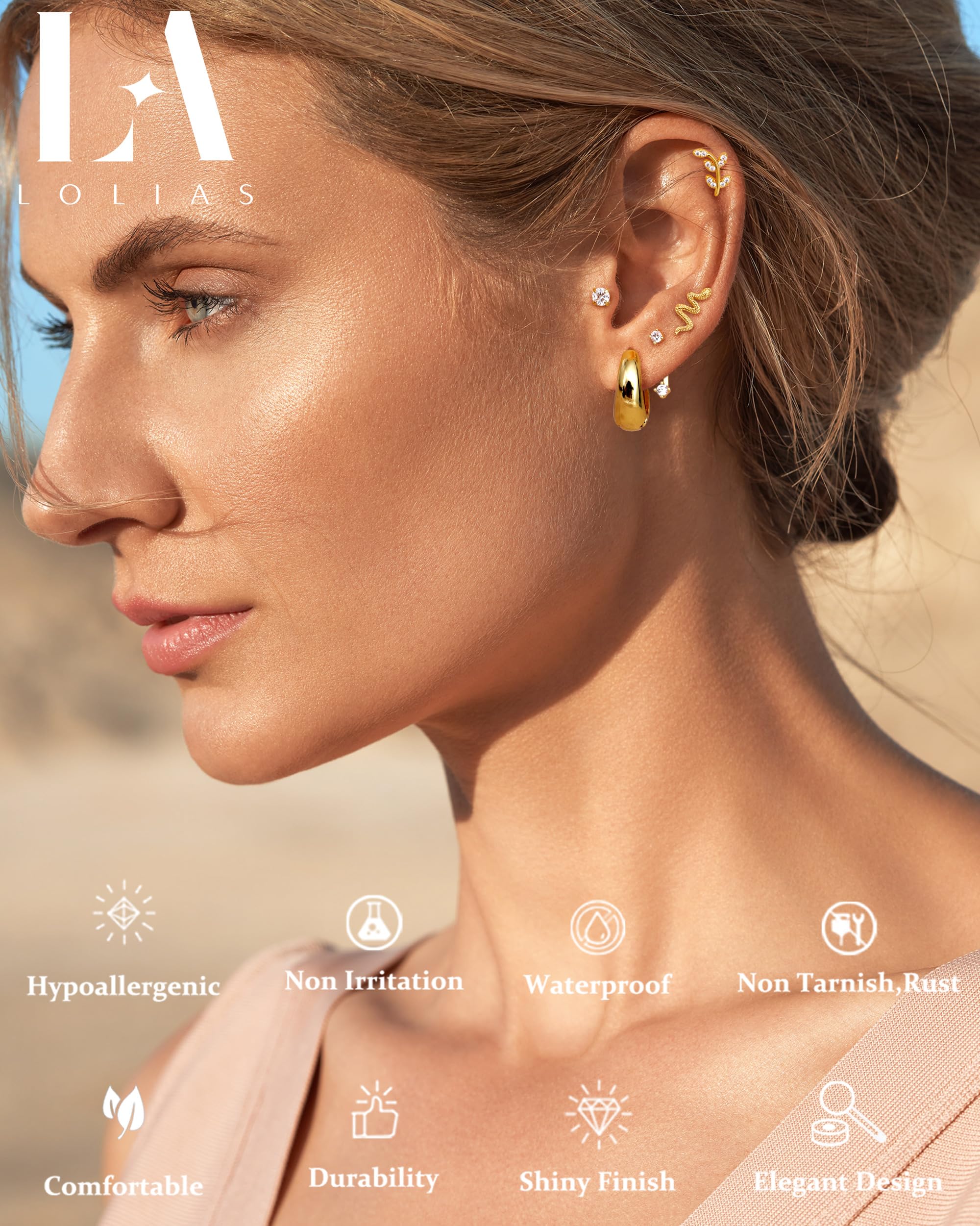 LOLIAS 20Pcs Piercing Orecchio Acciaio Chirurgico Set Orecchio Donna Orecchini Cerchio Piccoli Orecchini a Bottone Conch Piercing Cartilagine Orecchini Piercing Trago Helix Piercing Argento Oro