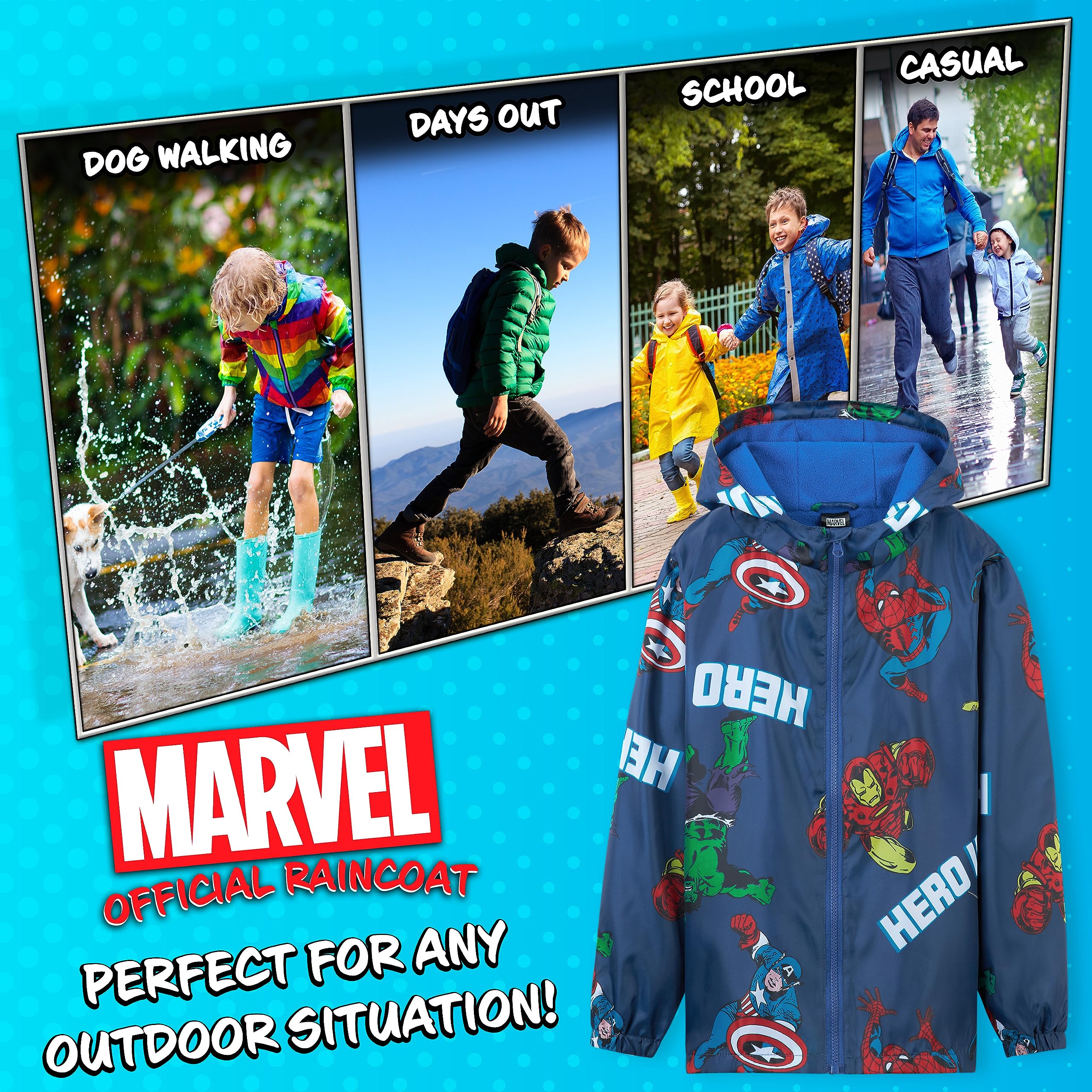 Marvel Impermeable Enfant Garcon, Veste de Pluie Enfant Doublure en Polaire, Vêtement de Pluie Enfant Ado 4-14 Ans Spiderman Avengers