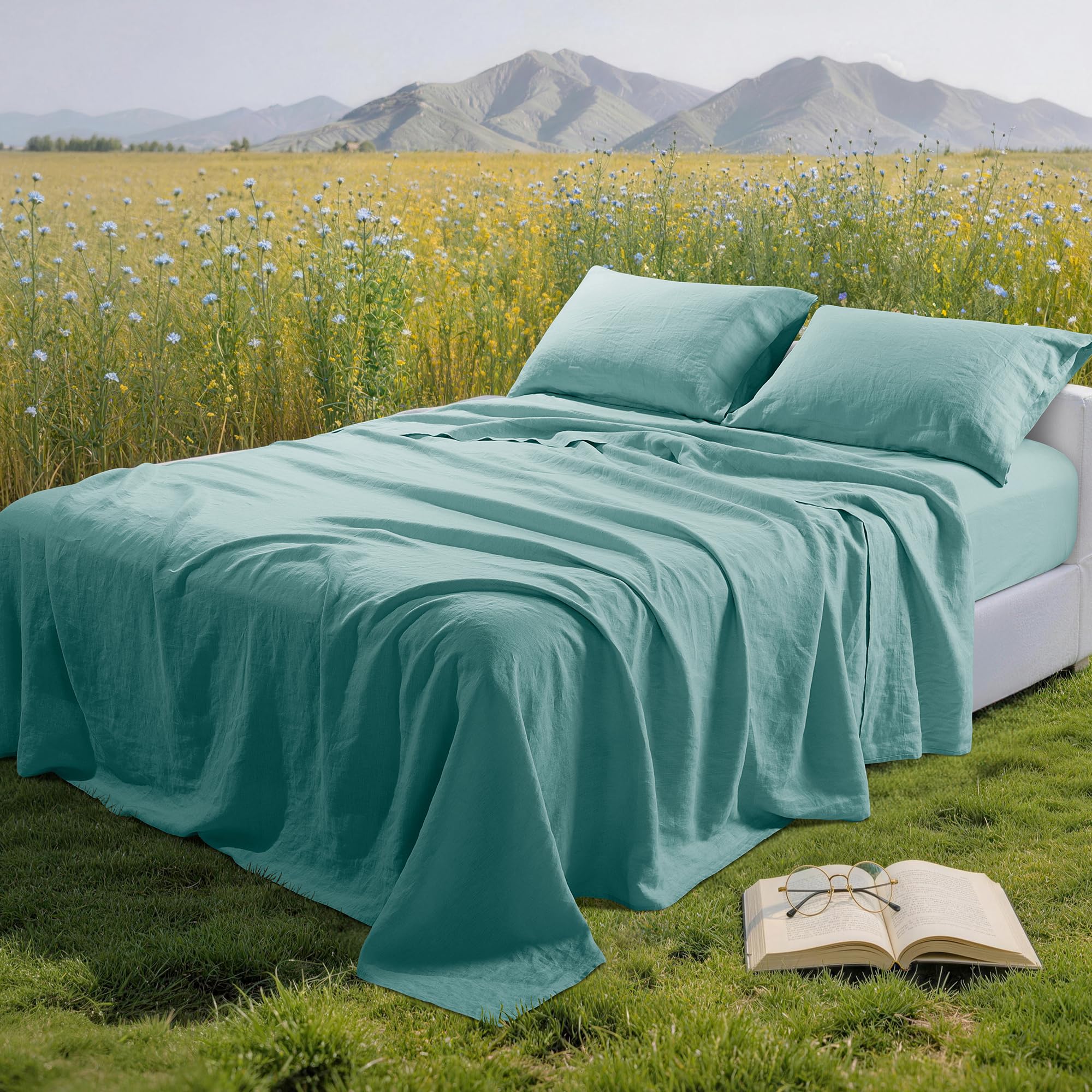 Linen Sheet Set 4Pcs, 16” Deep Pocket Durable Bed Sheet King