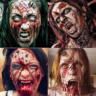 COKTAK 136+ PCS Halloween Fake Scars Temporary Tattoos For Adults Men Women 20 Sheets Zombie Halloween Makeup Kit Kids 3D Realistic Fake Scratches Blood Face Chucky Stitches Tattoos Stickers Wound Cut