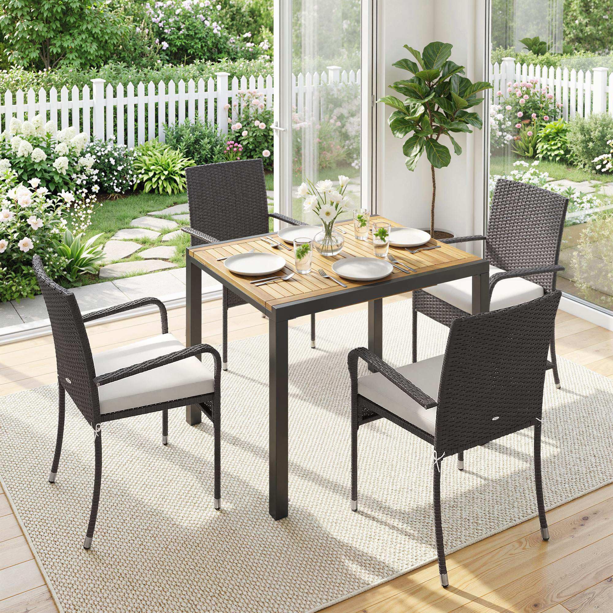 Outsunny Conjunto de Mesa y Sillas Jardín de Ratán de 7 Piezas, Crema | Mesa Extensible 100-150 cm Tablero Madera,6 Sillas Apilables,Cojines Extraíbles,Marco de Acero,Muebles Jardín Exterior