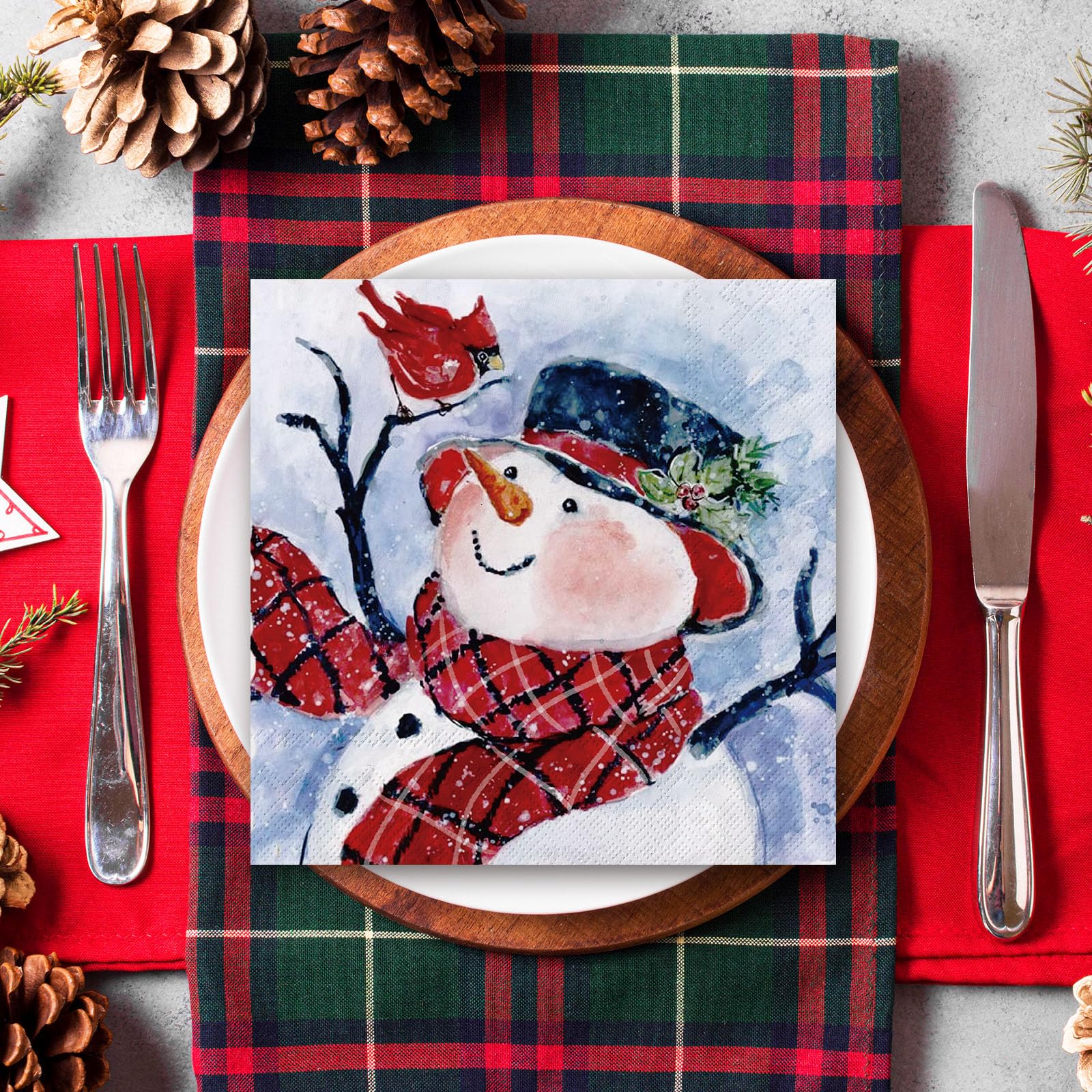 JarThenaAMCS Papierservietten, Motiv: Schneemann, Aquarellfarben, Schneemann, Kardinäle, Einweg-Servietten, niedliches Weihnachtsessen, Abendessen, Servietten für Weihnachten, Winter, Partyzubehör, 80