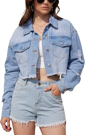 andy & natalie Womens Cropped Jean Jacket Fashion Frayed Hem Denim Jacket Long Sleeve Dressy Button Down Outfit Jackets
