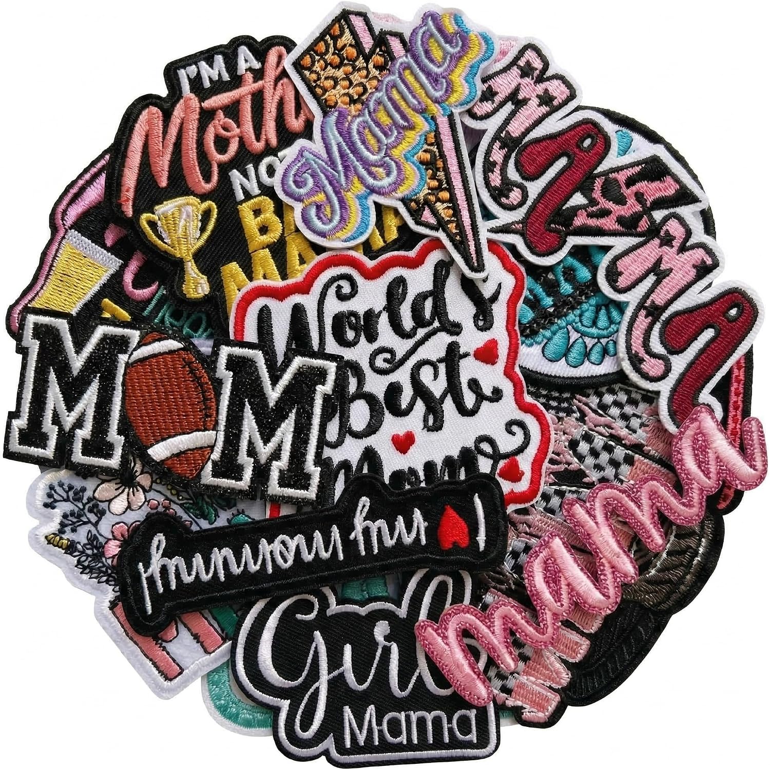 Jongdari 16PCS Mother's Day Iron on Patches, Embroidered Mama Themed Iron on/Sew on Patches Applique for Clothes, Dress, Hat, Jeans, DIY Accessories