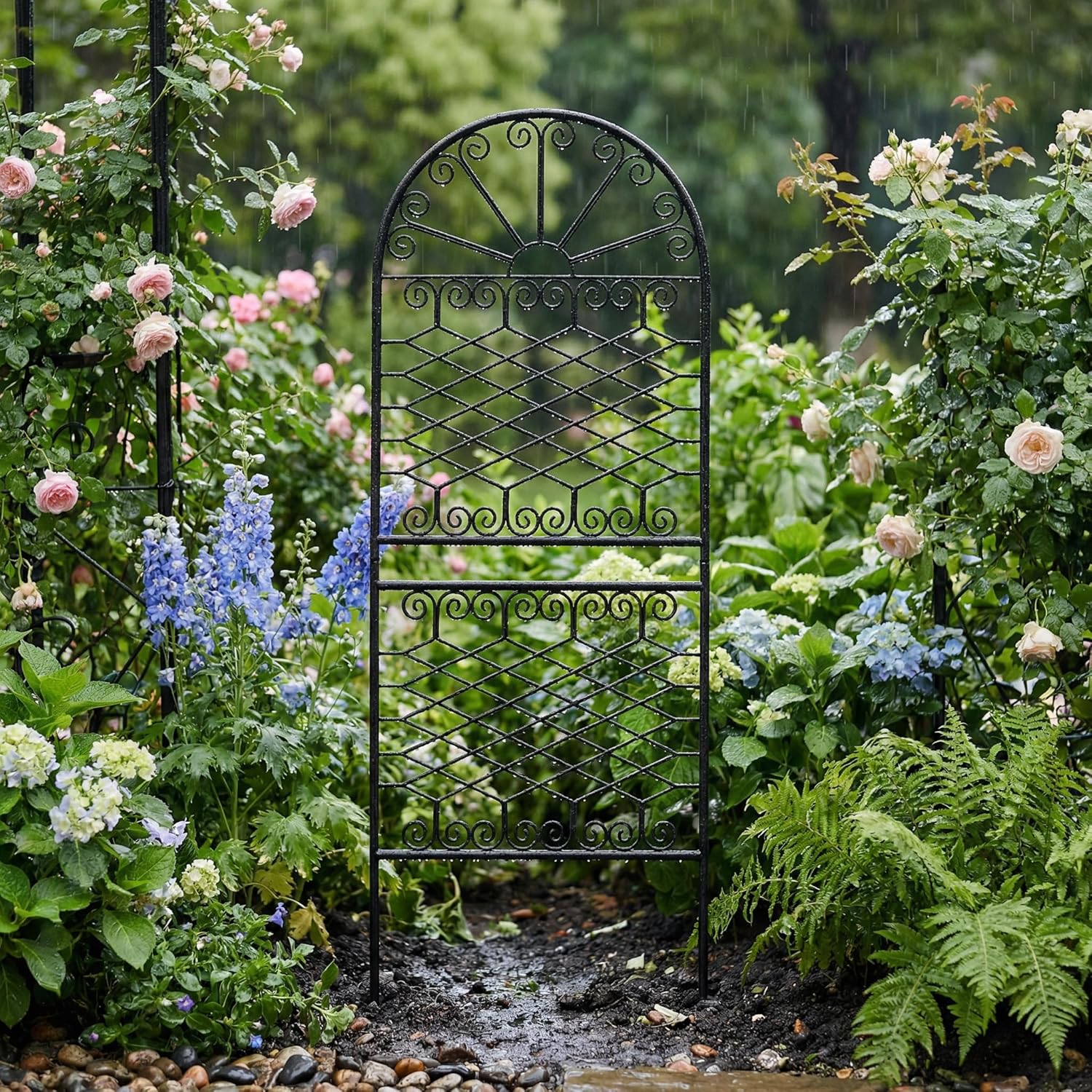 SCENDOR 59" H x 22" W Decorative Metal Garden Trellis for Climbing Plants, Rustproof Iron Arched Trellis with Scrollwork for Roses, Clematis, Ivy, Ideal for Patio, Lawn, and Backyard 1 Pack