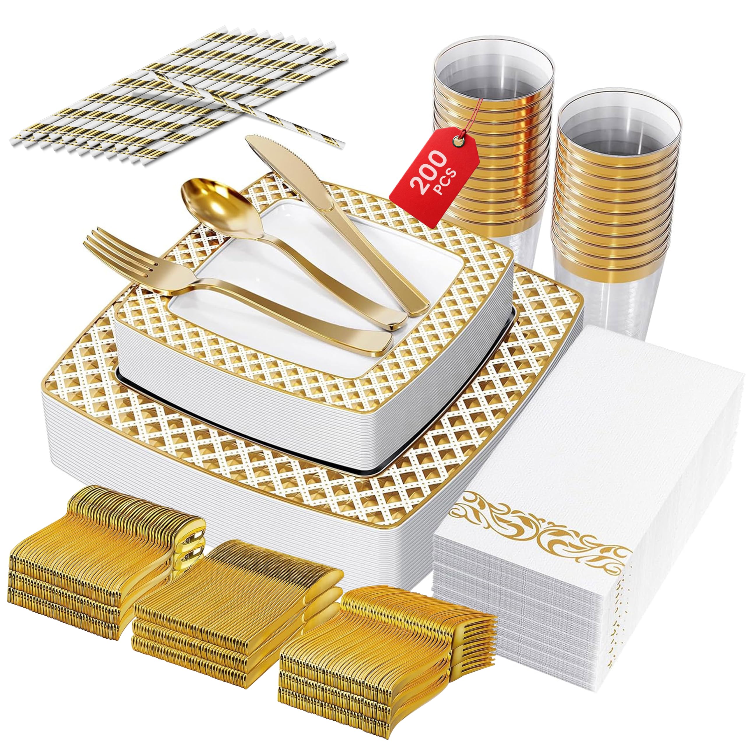 200 PCS Disposable Dinner Plates, 25 Guest Party Plates Dinner Set, Cutlery Set for Birthday & Wedding Reusable Kitchen Dinnerware Set, Reusable Plastic Plates, Disposable Plates Set