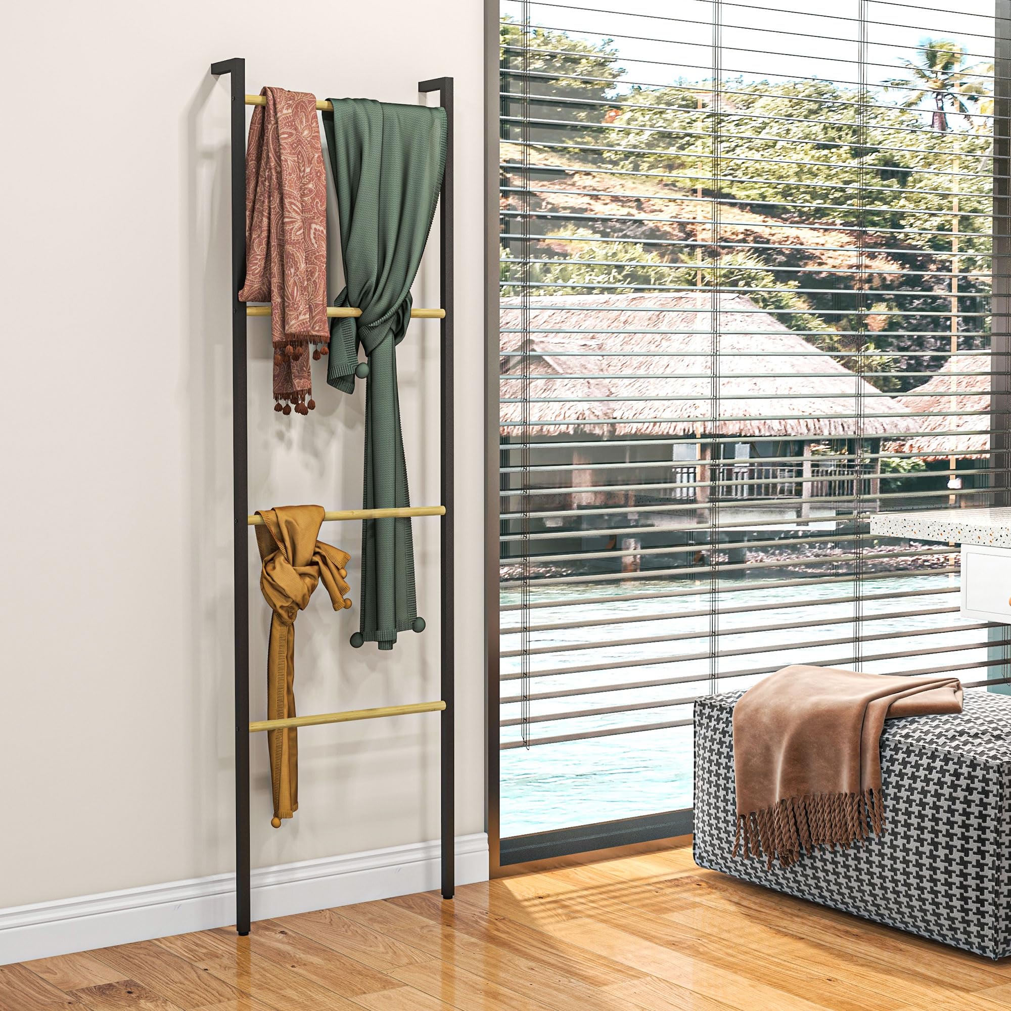 HOMCOM Toallero de 4 Niveles Toallero Escalera Apoyado en la Pared Toallero de Baño con 4 Barras de Bambú y Marco de Acero 49x5,5x167,5 cm Negro y Natural