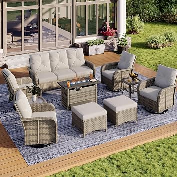Aoxun 10-Piece Wicker Rattan Patio Furniture Set with 44" Fire Pit Table
