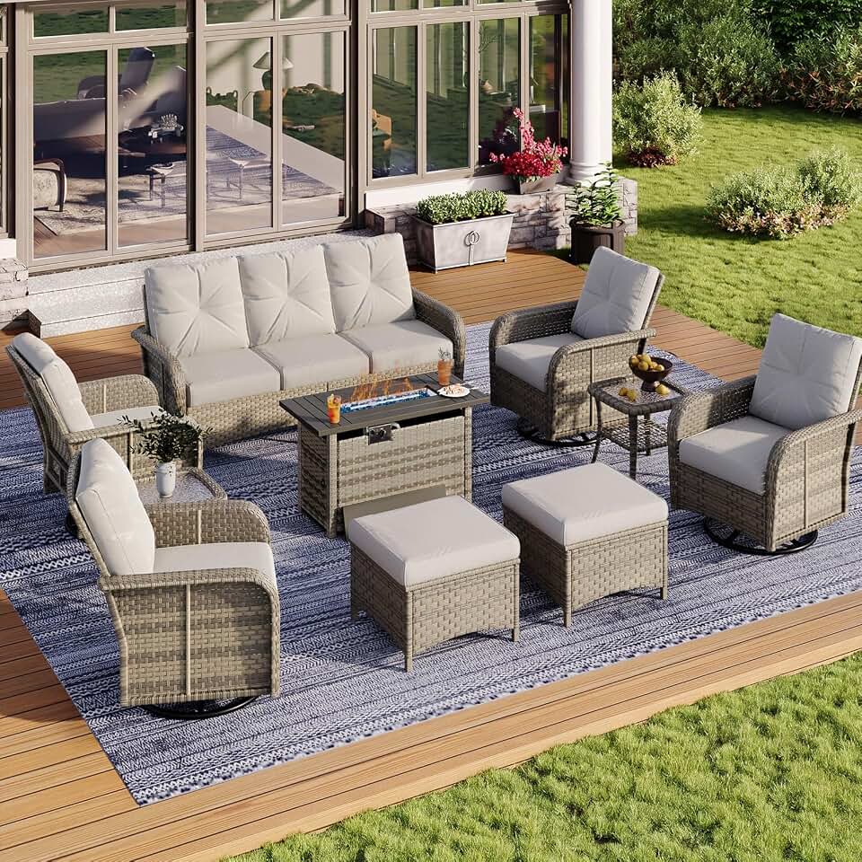 Aoxun 10-Piece Wicker Rattan Patio Furniture Set with 44" Fire Pit Table Recycled Claim Standard Blended