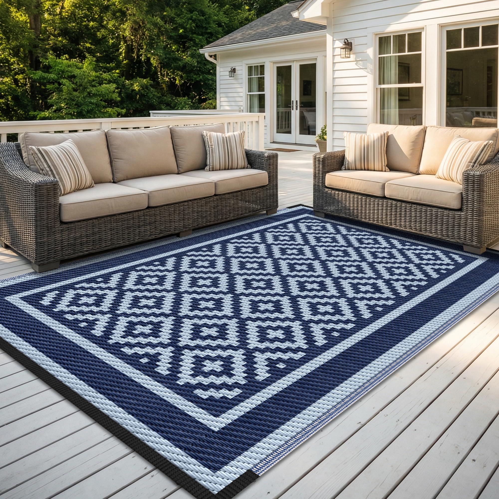 Kohree Tapis d'extérieur réversible avec 4 piquets et 1 sac de transport pour camping-car, terrasse, arrière-cour, pique-nique, porche, bleu, 2,9 x 3,5 m