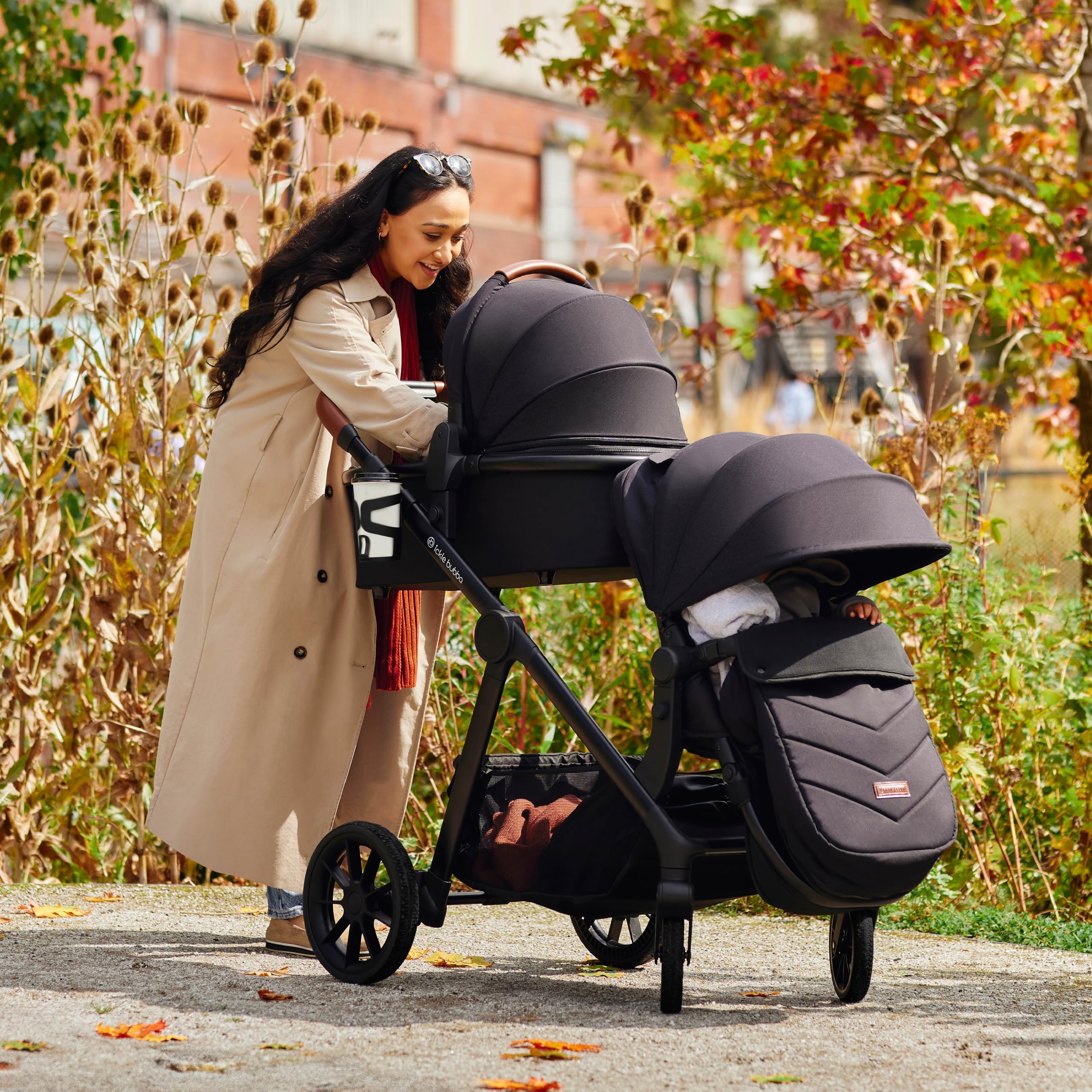 Ickle Bubba Virgo Growing Family 11-teiliger Kinderwagen Einzel- bis Doppel-Tandem mit Babywanne Fußsäcken Regenschutz Schwarz