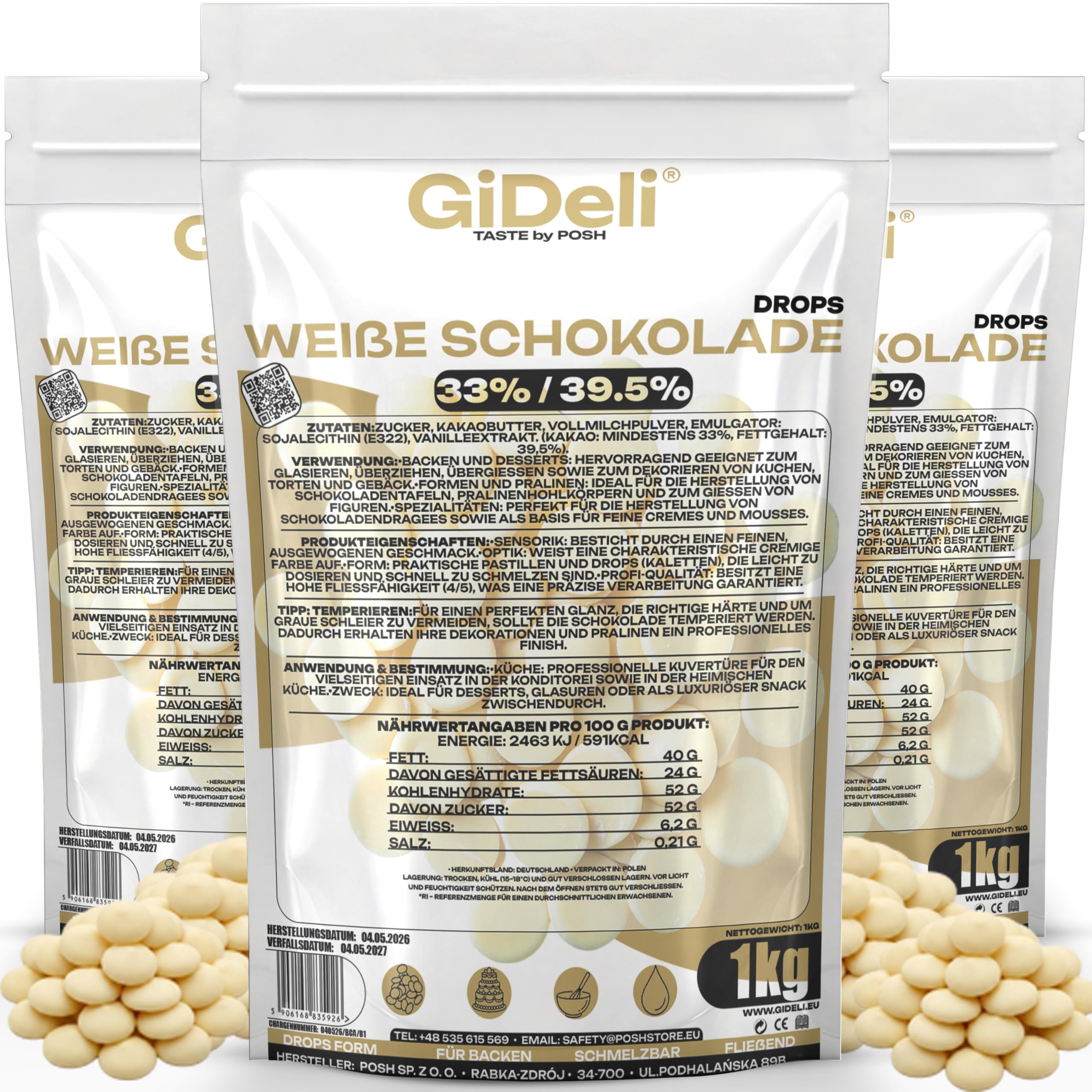GiDeli Weiße Schokolade Drops 3x1kg - Kuvertüre mit Kakaobutter & 33% Kakao - Backschokolade zum Schmelzen - Einfache Dosierung - Ideal für Pralinen, Ganache & Schokoladenfondue