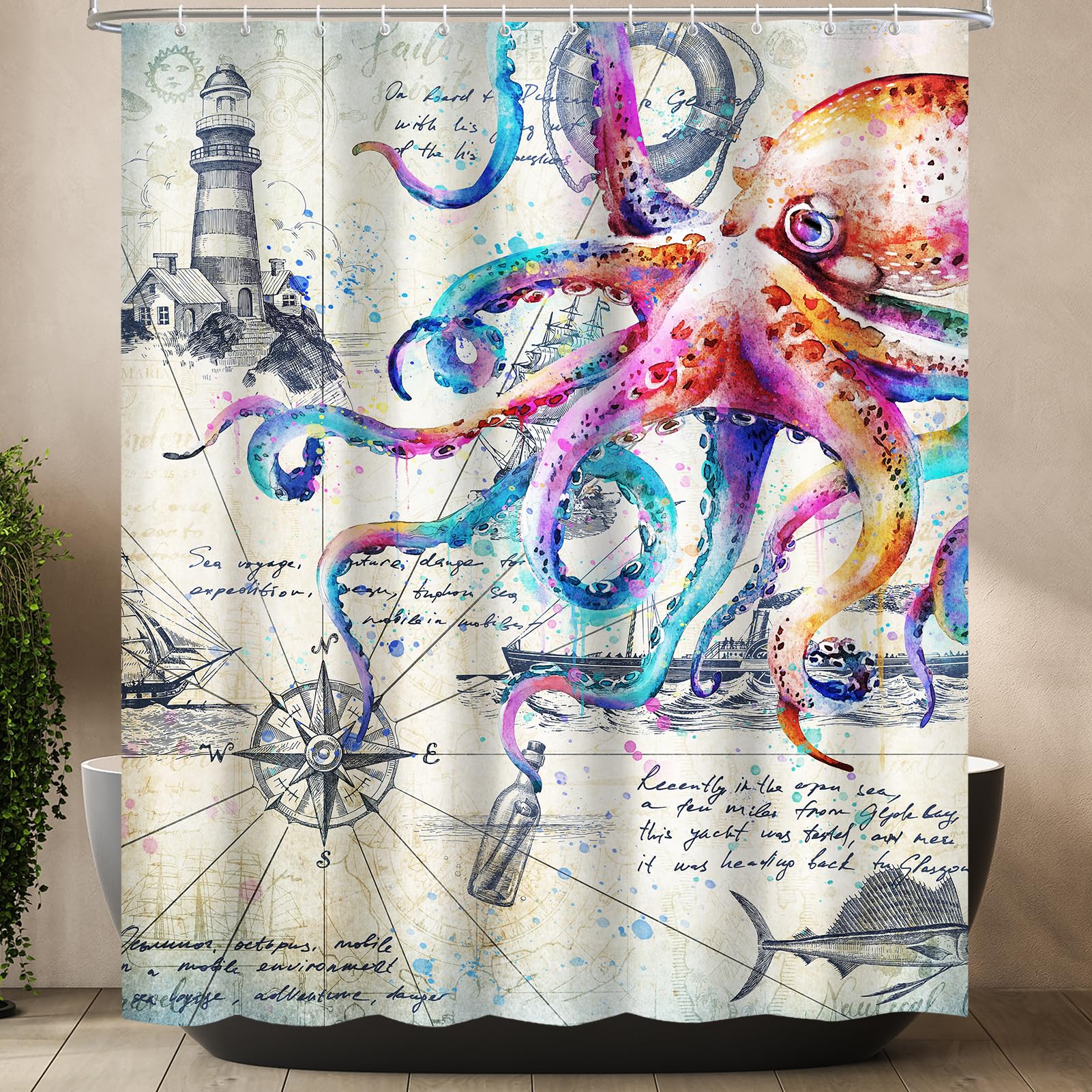 Lokigo 84 Inch Extra Long Cool Colorful Nautical Octopus Shower Curtain Waterproof Fabric Wide Shower Curtains for Bathroom Funny Ocean Kraken