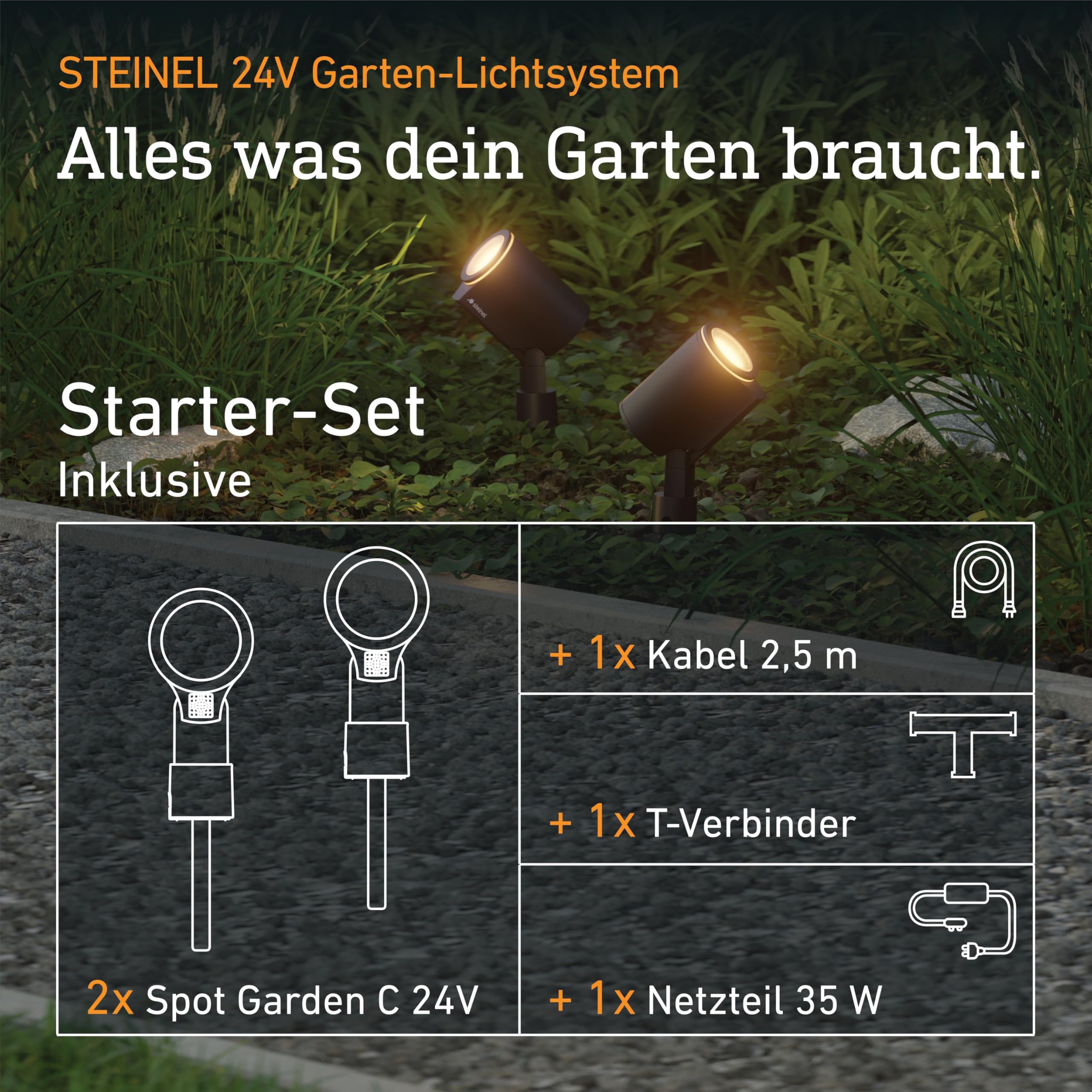 Steinel Spot Garden C 24V Starter-Set, inkl. 2x LED-Gartenstrahler mit Erdspieß und Zubehör, RGBWW, 16 Mio. Farben, App-Steuerung, Plug & Play, IP65, Anthrazit