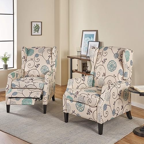 Miniatura 2 de Christopher Knight Home Ellyn - Sillón reclinable de tela (juego de 2), color beige claro con flores azules, marrón oscuro Carbón, café oscuro.,