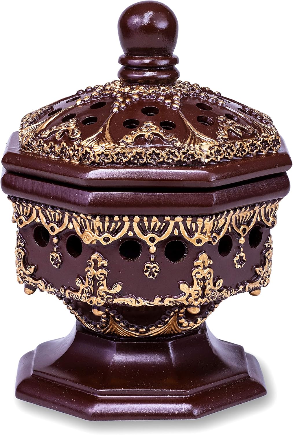 AM Lux Octagon Incense Burner – Bakhoor & Cone Holder | Charcoal Resin Burner for Frankincense, Myrrh & Aromatherapy | Decorative Mabkhara for Home, Office & Meditation Room Decor | Gift Box (Brown)