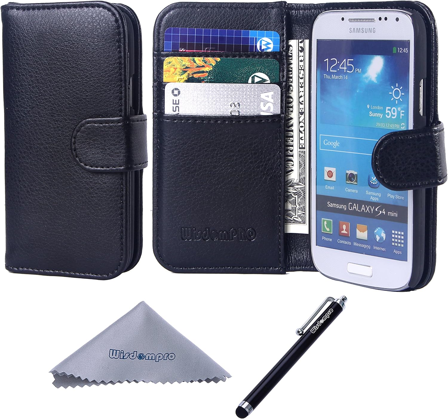 Wisdompro S4 Mini Case, Premium PU Leather 2-in-1 Protective Folio Flip Wallet Case with Credit Card Holder Slots for Samsung Galaxy S4 Mini(NOT S4 FIT) -Black Without Lanyard