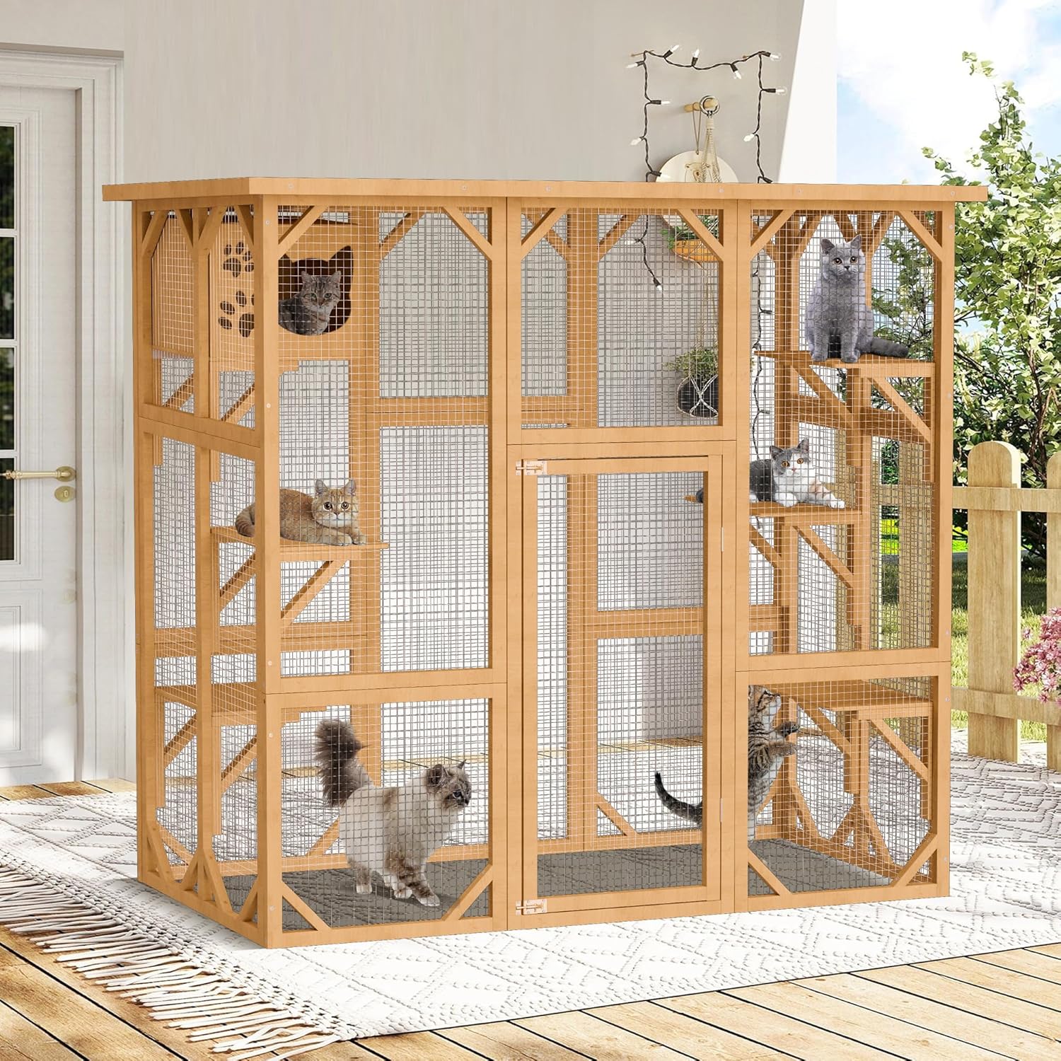 Catio Cat House Cage Enclosure, Outdoor/Indoor Wooden Cat Enclosures with Separate Kennel, 5 Large Platforms and Waterproof Asphalt Roof for Patio, Backyard (Burlywood)