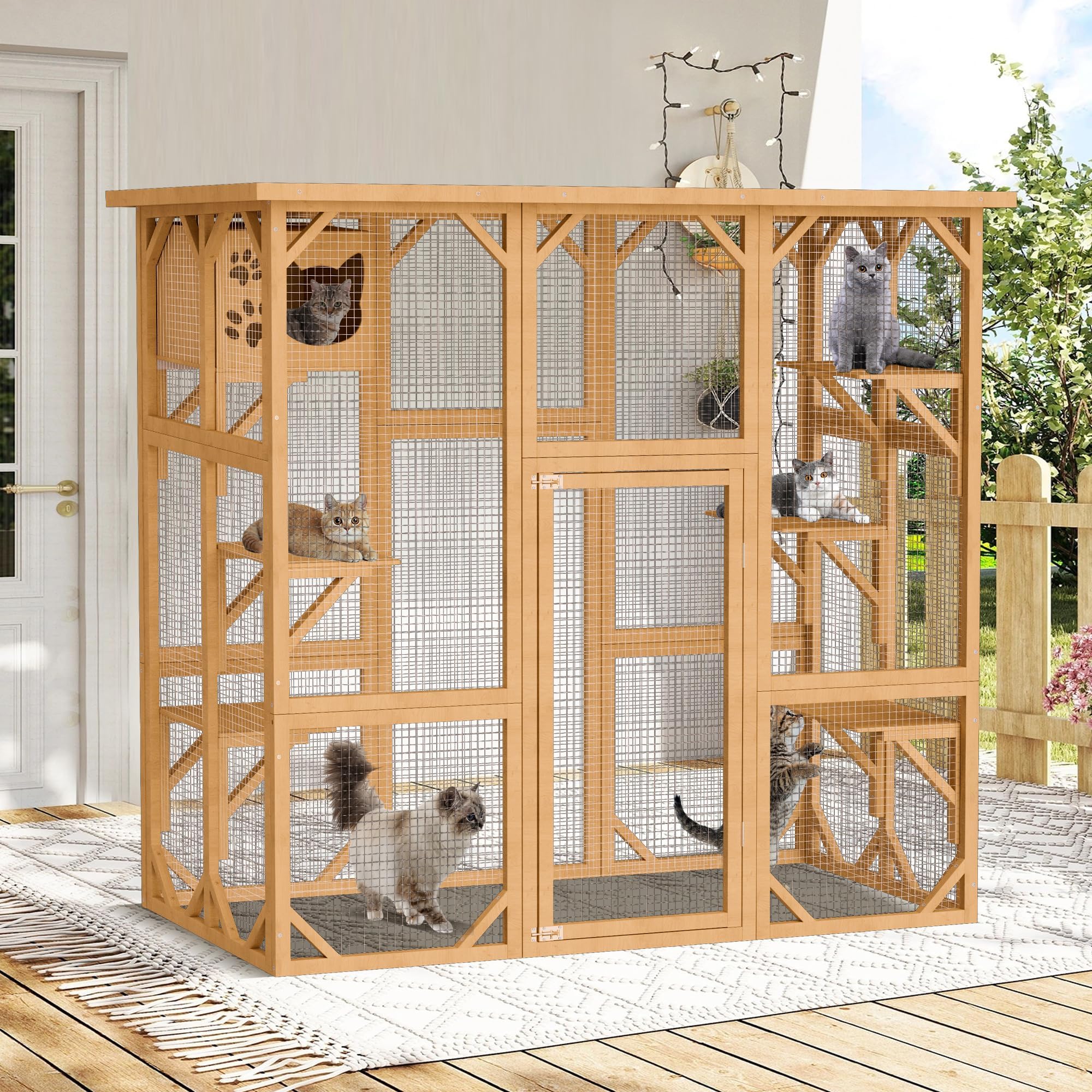 Catio Cat House Cage Enclosure, Outdoor/Indoor Wooden Cat Enclosures with Separate Kennel, 5 Large Platforms and Waterproof Asphalt Roof for Patio, Backyard (Burlywood)