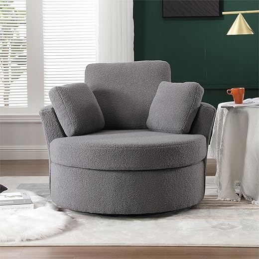 Oversized Swivel Barrel Chair, Round Single Sofa with 3 Pillows, Circle Accent Lounger Armchair Chairs for Bedroom, Living Room, Lounge, Hotel (Grey Boucle)
