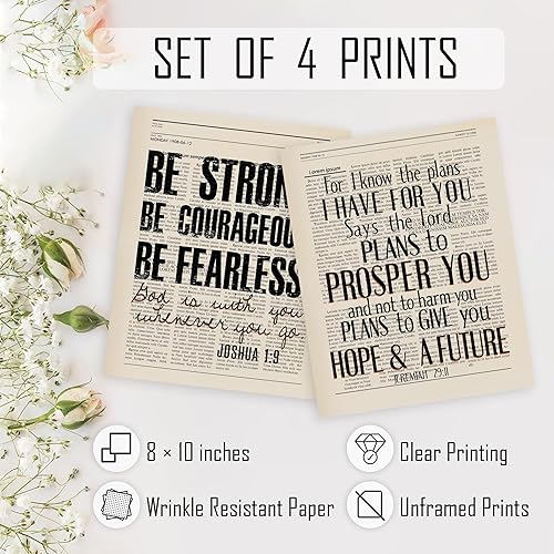 Miniatura 7 de HRQKO Juego de 4 pósteres de arte de pared con versículos bíblicos vintage cristianos para oficina, con texto en inglés "Joshua 1 9", impresiones