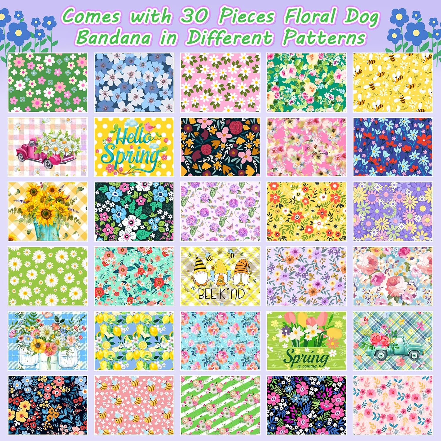 30 Pcs Spring Summer Dog Bandanas Bulk Floral Pet Scarves Bibs Adjustable Puppy Bandanas Girl Washable Flower Puppy Grooming Bandana for Small Medium Large Breed Dog Cat Pet Grooming Accessories