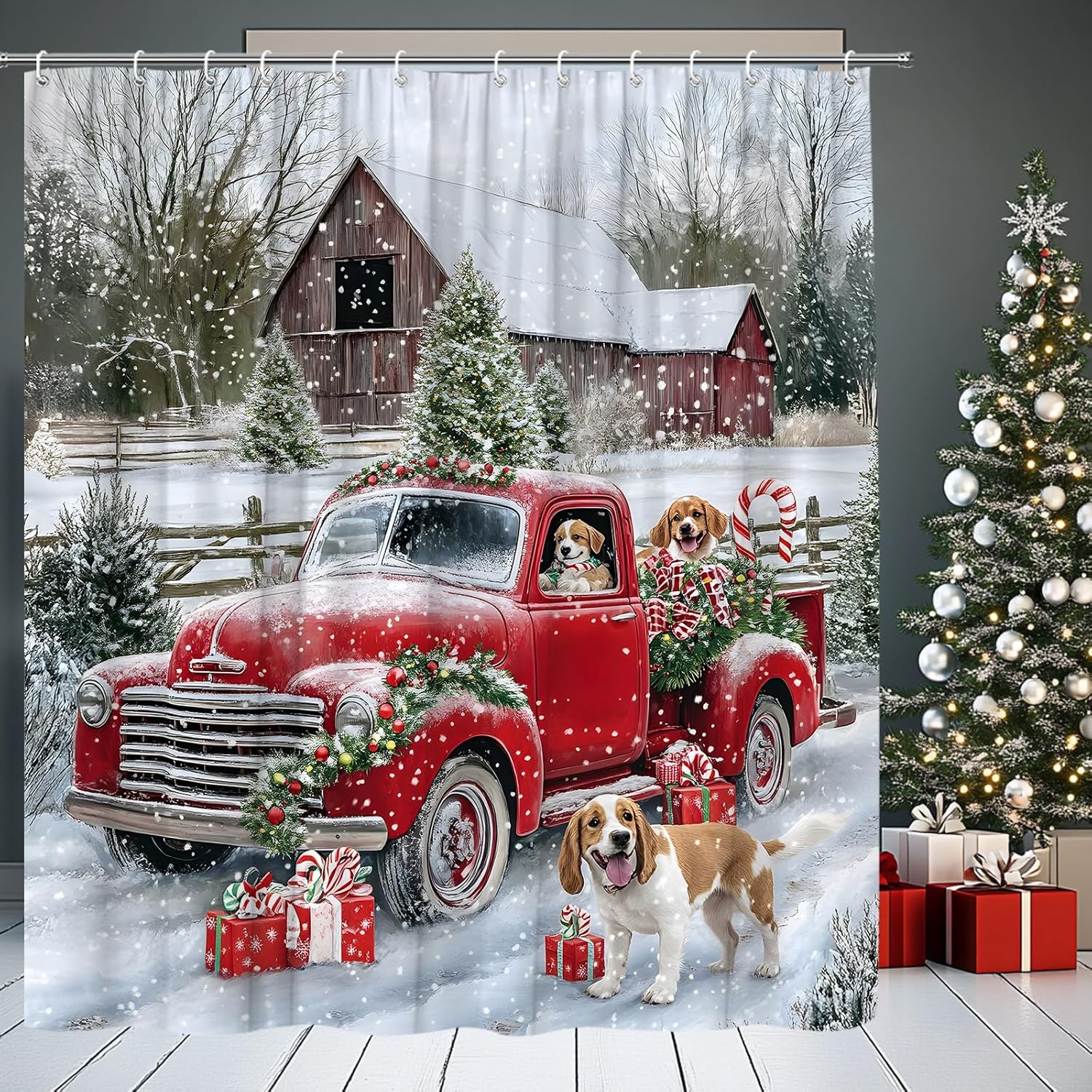 Christmas Red Truck Shower Curtain Cute Dogs Rustic Barn Trees Winter Snow Holiday Fabric Bathroom Home Decor with Hooks(70" Wx84 H)