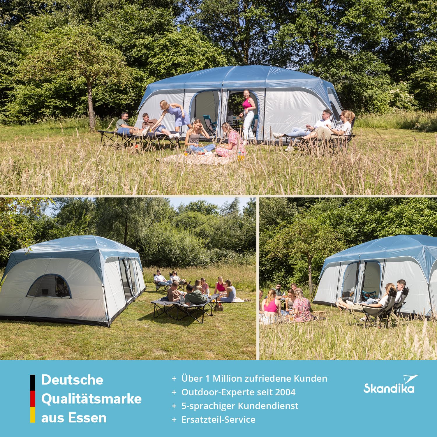 Skandika Tonsberg 5/10 Personen | Camping Zelt mit Single Skin, Meshdach, abnehmbarem Überzelt, Stehhöhe 2 m, eingenähtem Zeltboden, 4000 mm Wassersäule | Großes Familienzelt