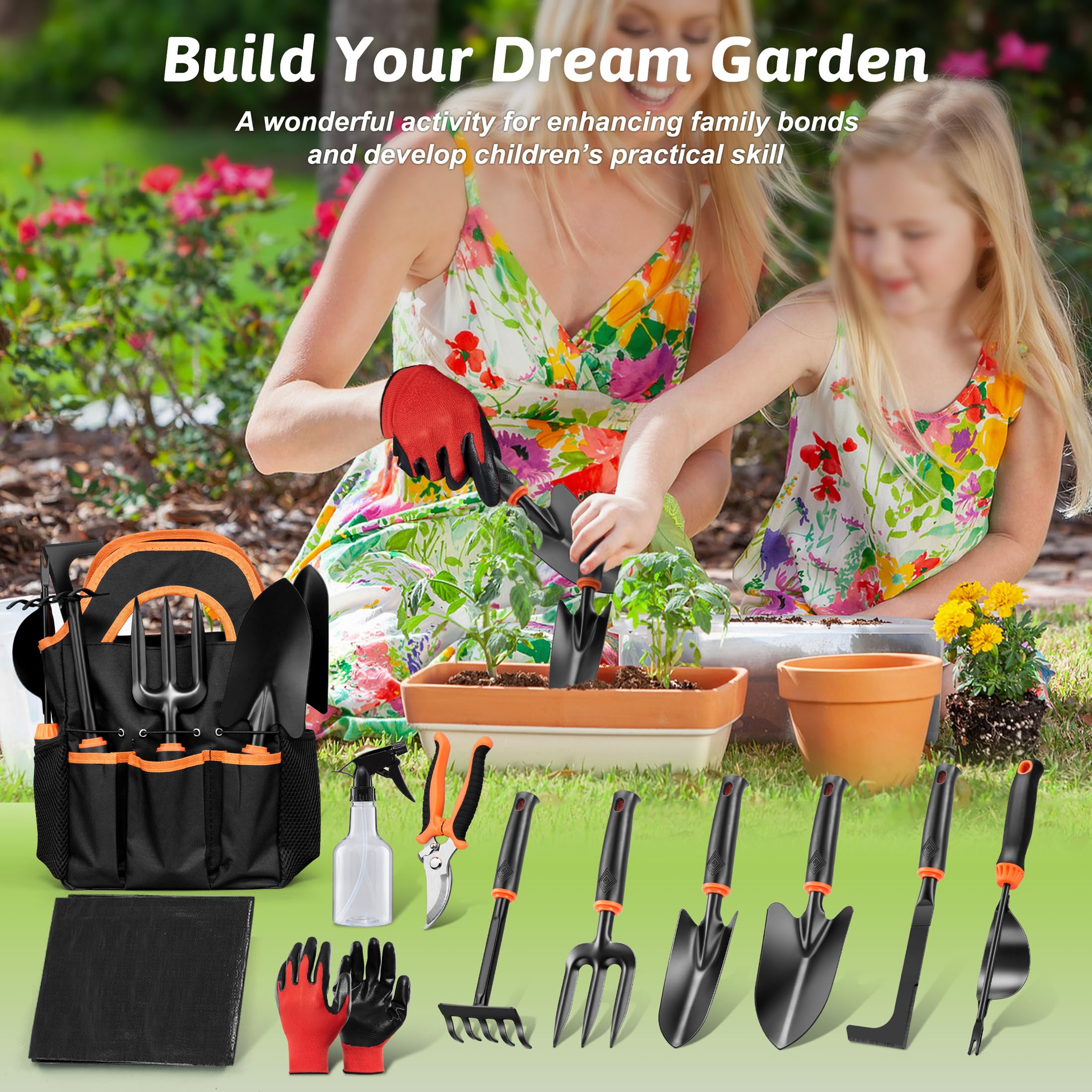 HaSteeL Garden Tools Set, 11 Pcs Gardening Supplies Hand Tool Kit for Women Men Gardeners, Include Tote Bag, Reportting Mat, Transplant Trowel, Rake, Pruner for Outdoors