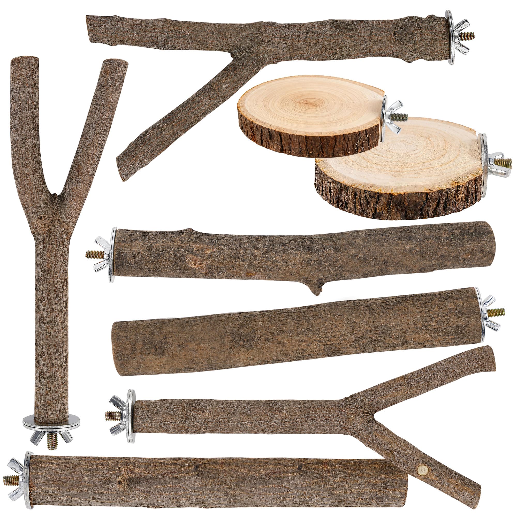 Juego de 8 perchas para pájaros, percas rectas y bifurcadas de madera de abedul natural con plataformas para periquitos, cacatúas, conures, tortolitos, accesorios de jaula para escalada y