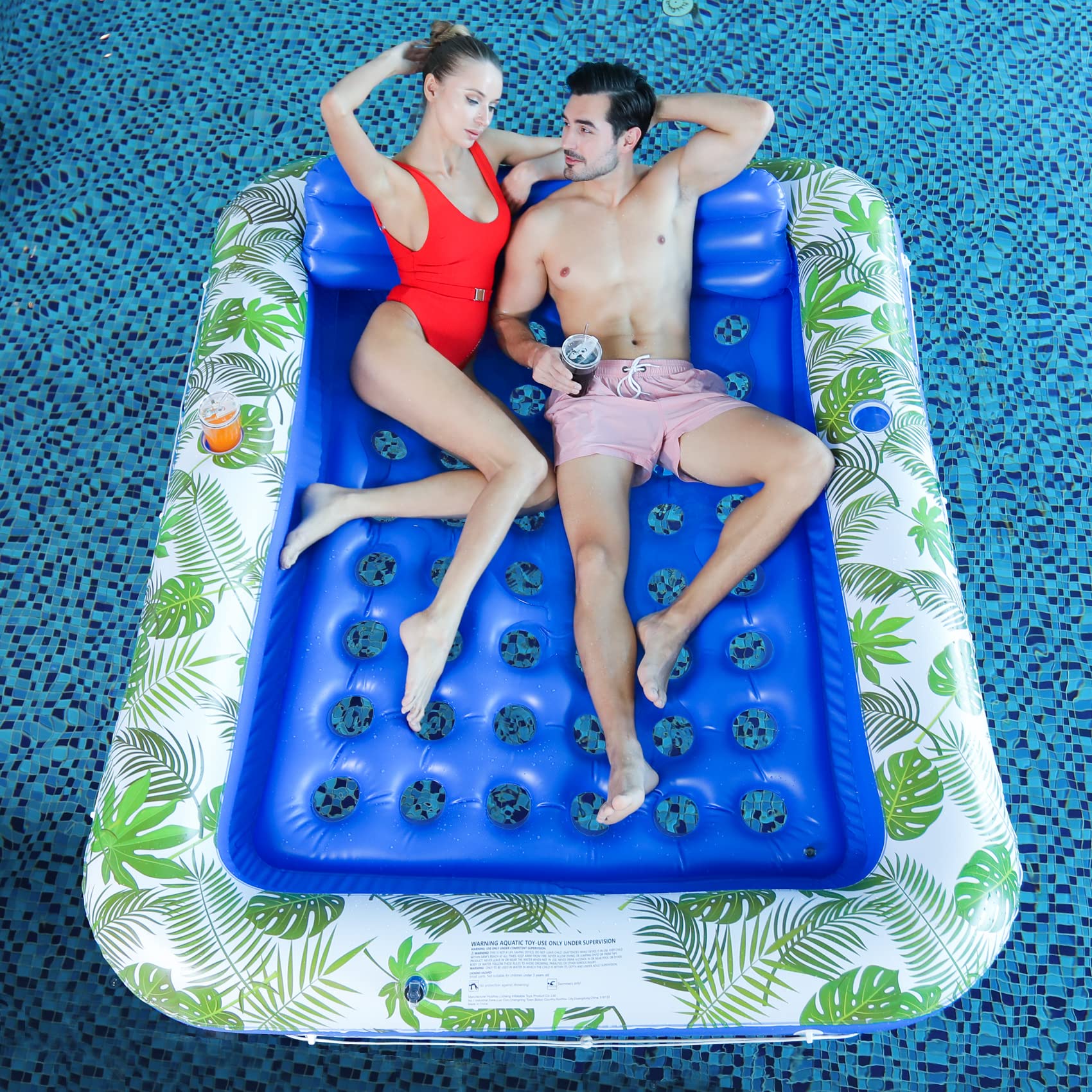 Inflatable Tanning Pool Lounger Float with Headrest Adults Pool Floats with Fruit & Cup Holder Sunbathing Water Lounge Floaties Lake Float Raft Beach Outdoor Swimming Floating Bed