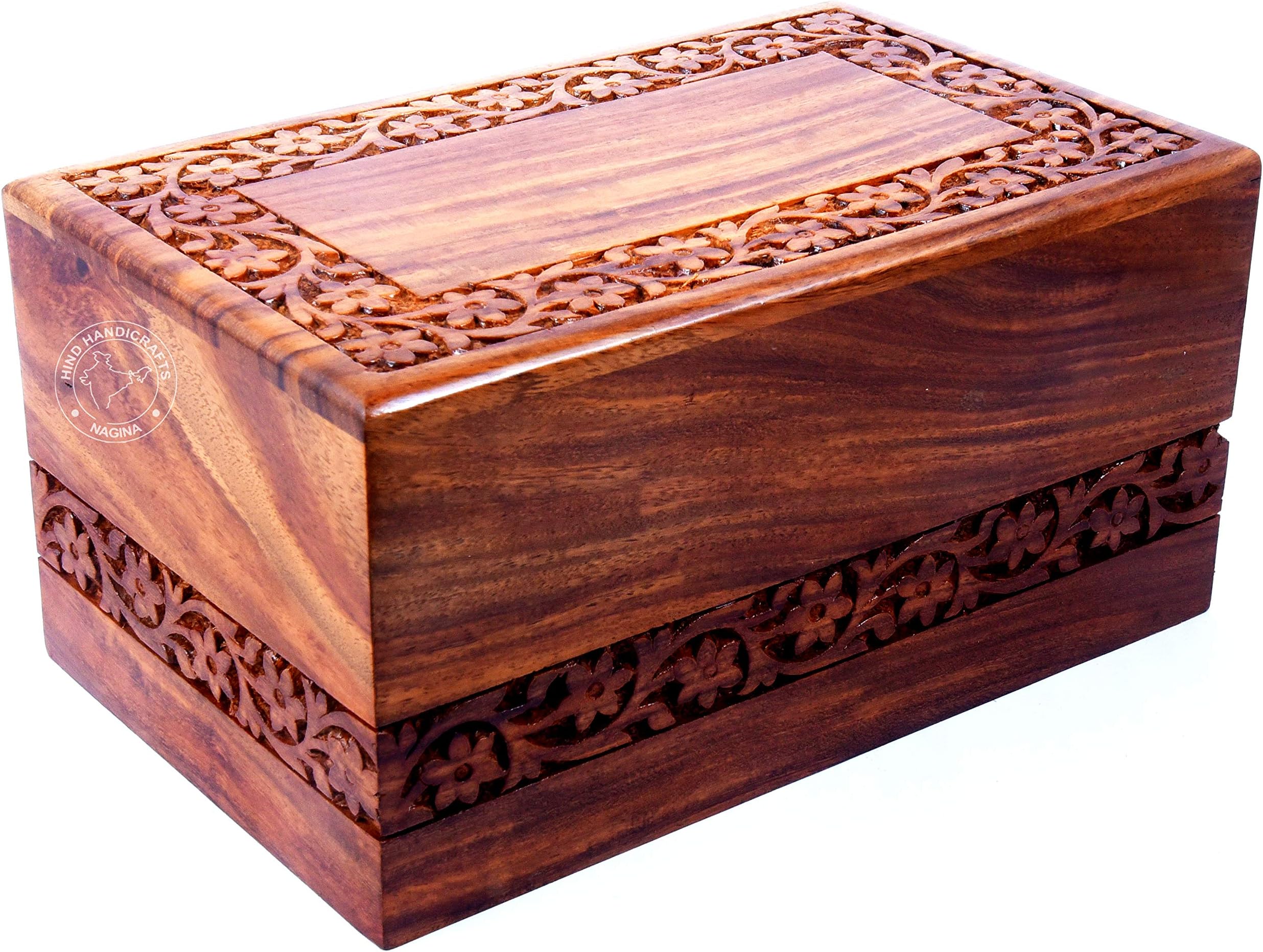 Handmade & Handcrafted Rosewood Borders Engraving Wooden Cremation Box/Urns for Human Ashes Adult, Funeral Urn Box (Large : 9" x 5.5" x 4.5" - 180lbs or 72kg, Natural)
