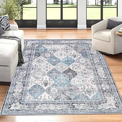 Alfombra bohemia vintage tribal lavable con estampado floral de pelo bajo, decoración de interiores, 4 x 6 pulgadas, azul sucio para sala de estar,