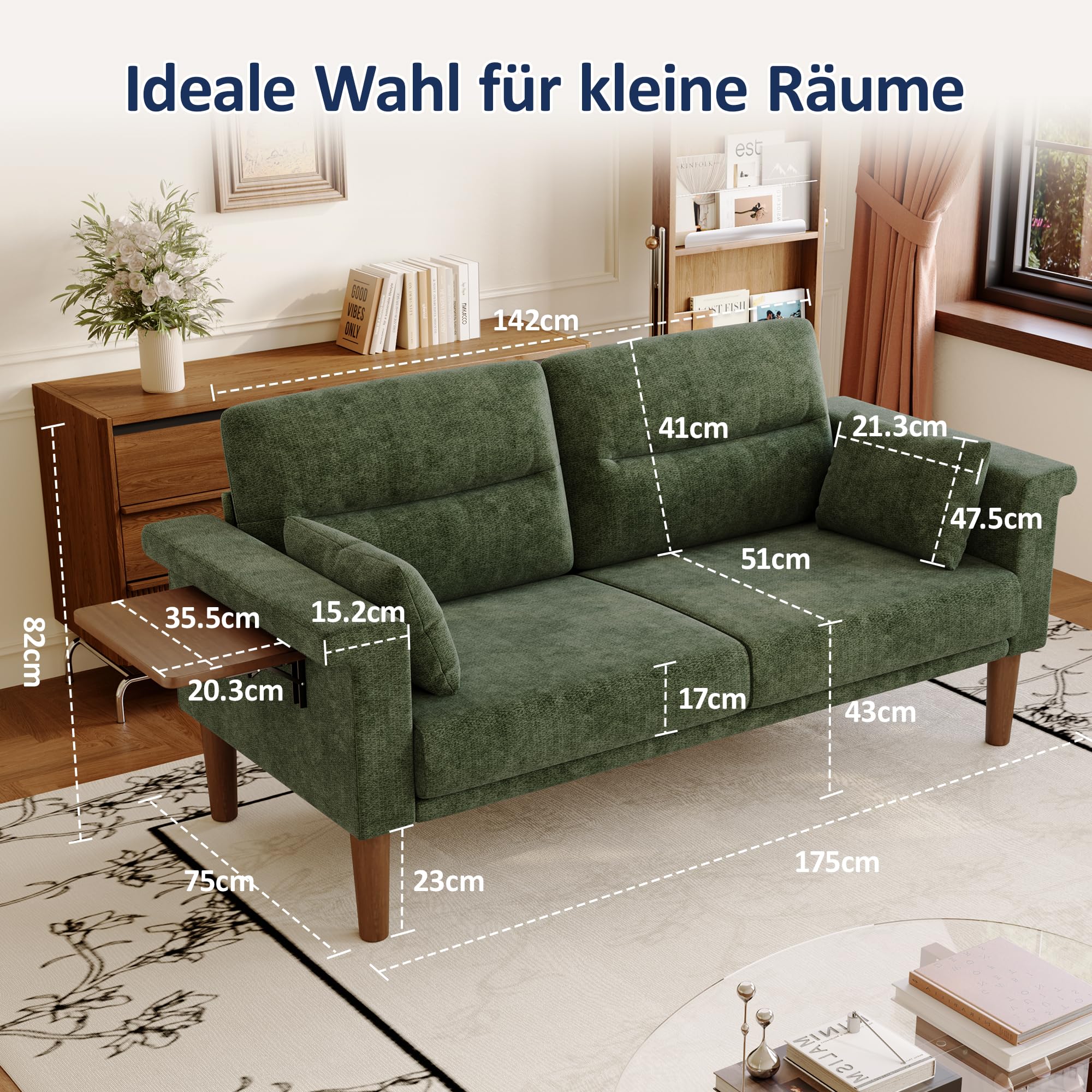 Vipbear Sofa 3 Sitzer Klein,174 cm, Grün Chenille-Stoff Sofas mit 2 Kissen, Modernes Couch mit Wide Armlehnen und Klapptisch, Extra Tiefe Sitze, Gästesofa für Wohnzimmer, Apartment, Büro