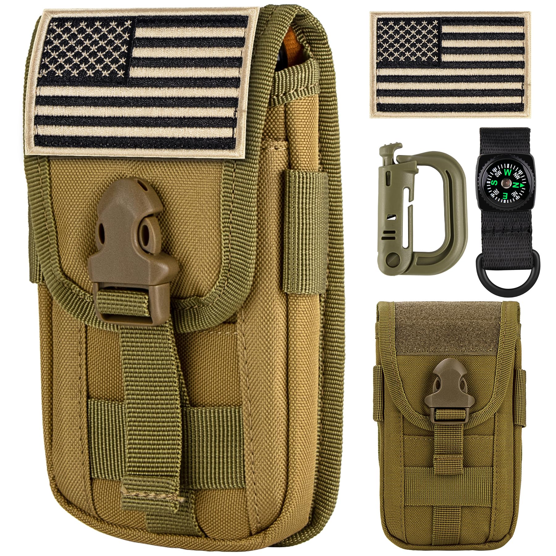 bvya Tactical Molle Phone Pouch, Smartphone Waist Belt Holster Buckle Closure EDC Utility Card Holder with Flag Patch, Compass and 1 D-Ring for iPhone 15 Pro Max/14 Pro Max/13 Pro Max/12 Pro Max