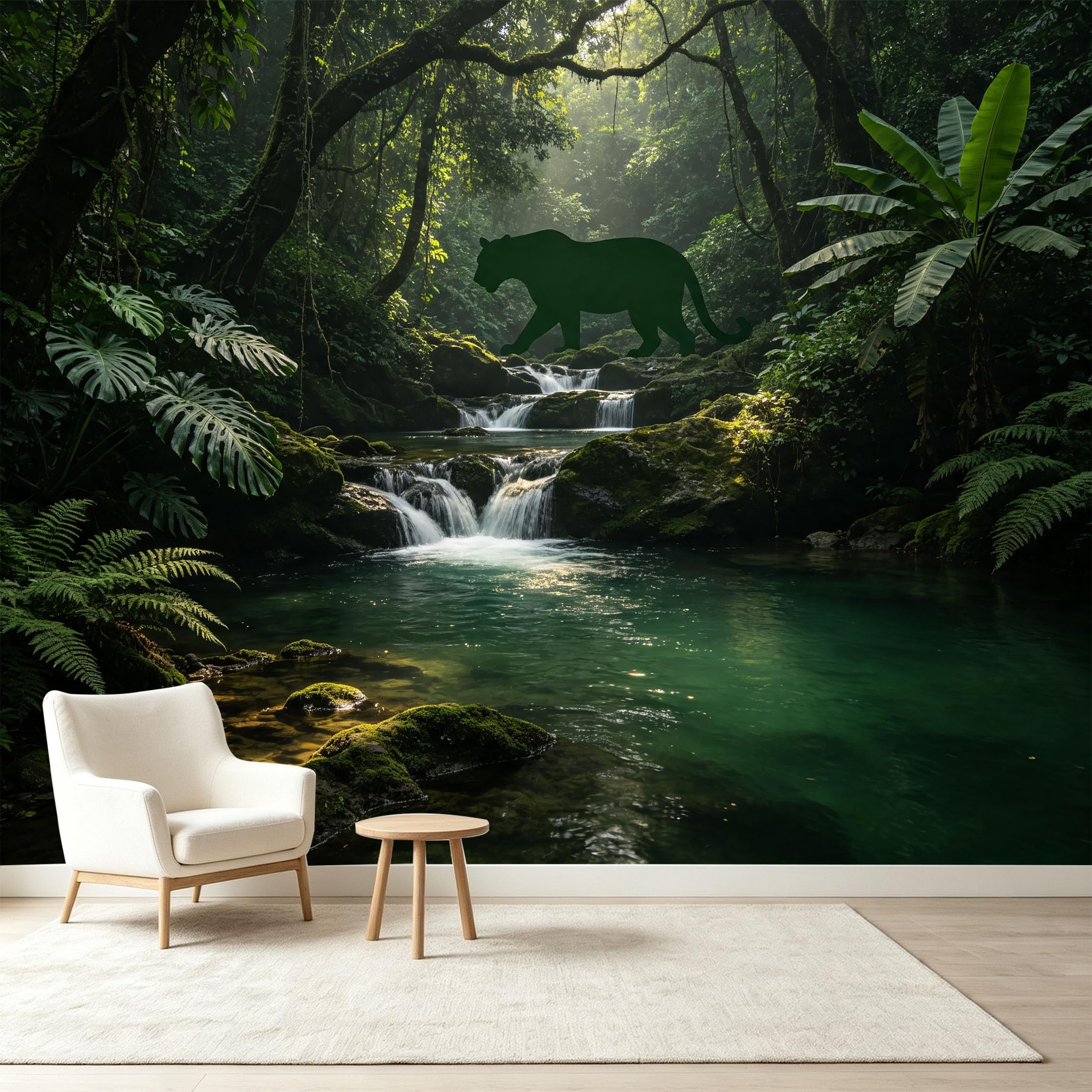 Custom Size Wall Murals Tropical Jungle Rainforest Wildlife Leopard River Waterfall Self-Adhesive Wall Fabric Removable Wallpaper Wall Decor for Living Room Bedroom Bathroom