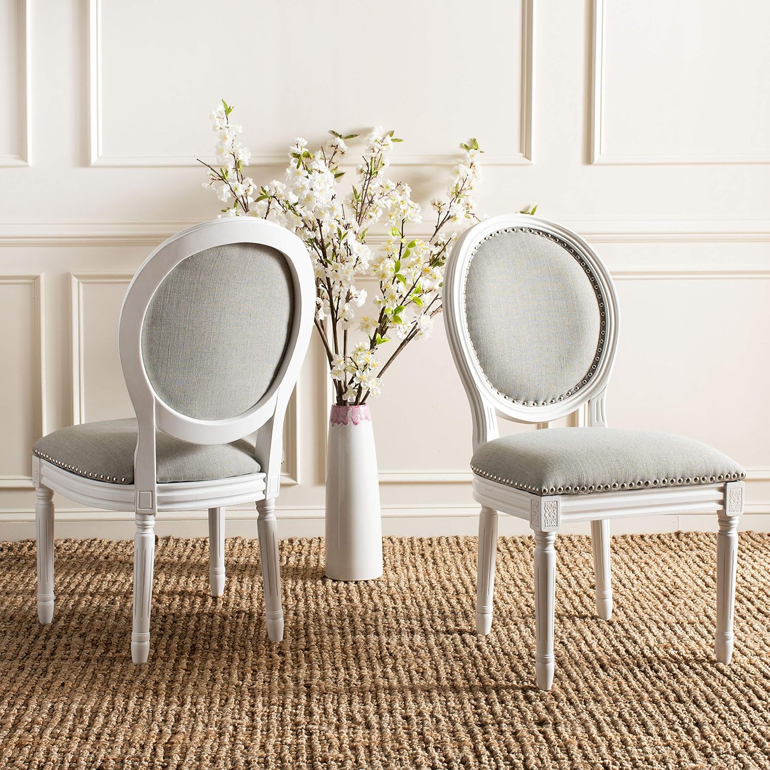 Safavieh Home Collection Holloway 19''H French Brasserie Linen Oval Light Grey and Cream Side Chair