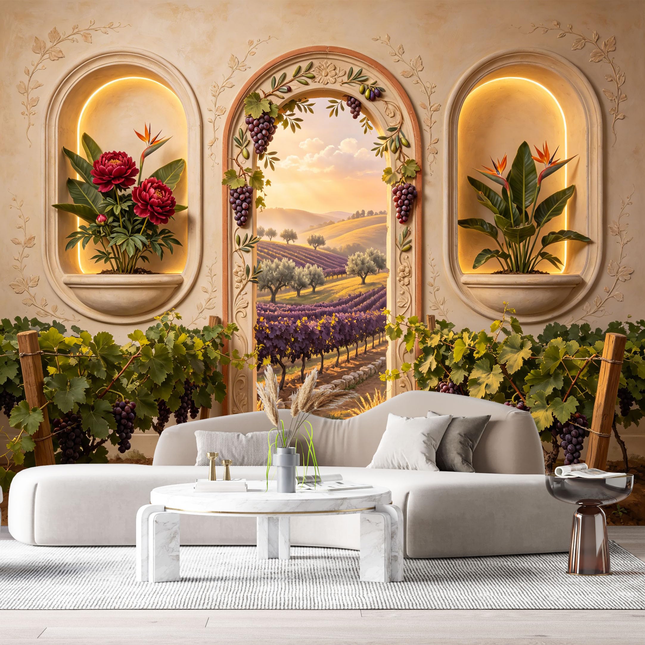 Custom Size Wall Murals Tuscan Vineyard Landscape 3D Trompe L'Oeil Floral Arch SelfAdhesive Wall Fabric Removable Large Wallpaper for Photo Living Room Decor Background