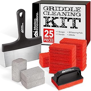 Modern Innovations 25-Piece Griddle Cleaning Kit, 20 Scouring Pads, 3 Grill Bricks, 1 Indoor Grill Scraper, 1 Handle, Pumice Stone Brick, Blackstone & Weber Compatible BBQ Flat Top Cleaner Accessories