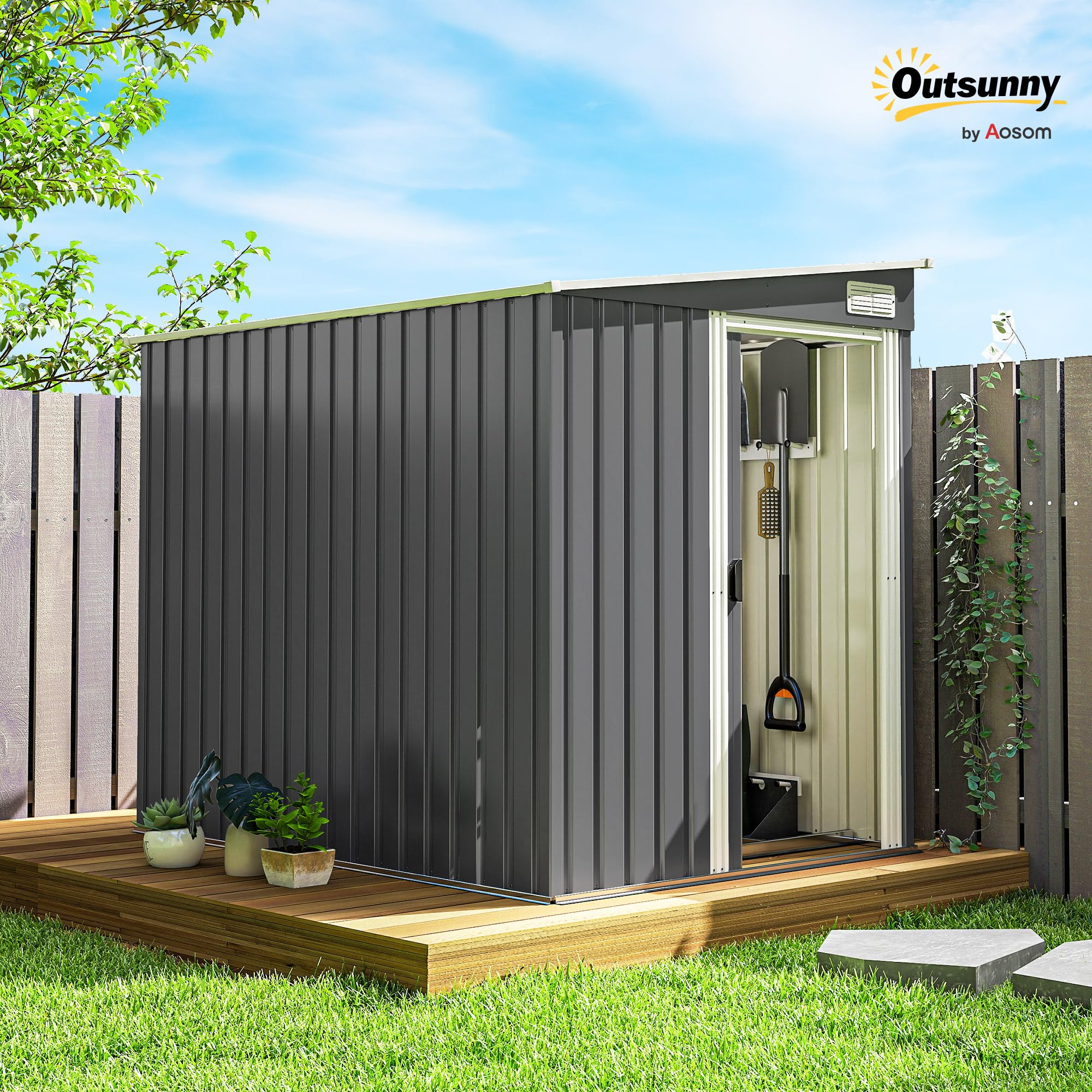 Outsunny Abri de Jardin en Métal 2,81 m² Toit Incliné 154x206,5x181 cm Gris | Kit Fondation, Cabane de Jardin Extérieure Adossée, Acier Galvanisé, Abri à Outils, 2 Étagères Réglables